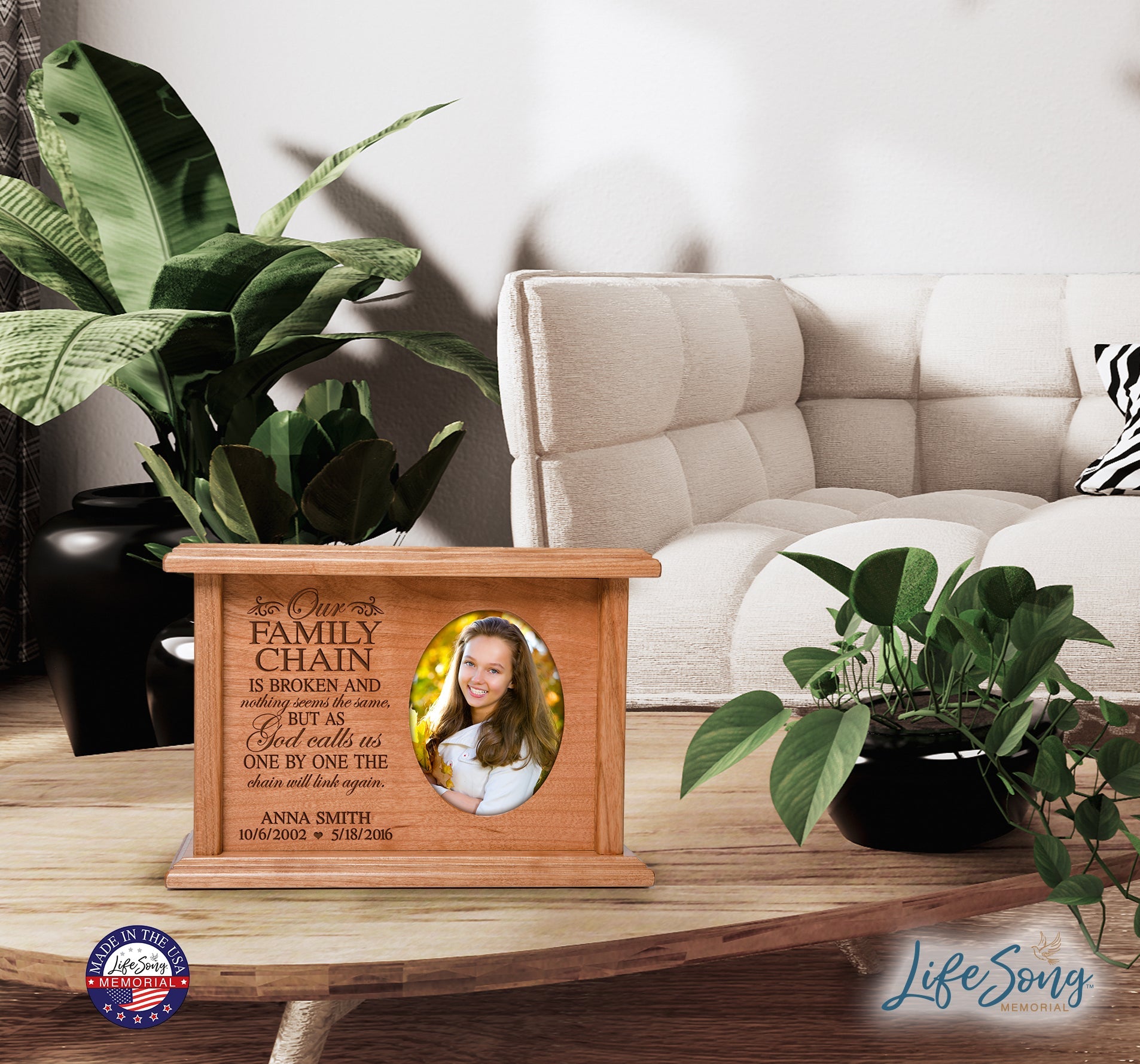 Custom Memorial Cremation Urn Box for Human Ashes holds 2x3 photo and holds 65 cu in Our Family Chain - LifeSong Milestones