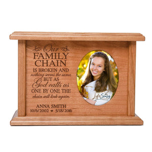 Custom Memorial Cremation Urn Box for Human Ashes holds 2x3 photo and holds 65 cu in Our Family Chain - LifeSong Milestones