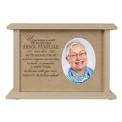 Custom Memorial Cremation Urn Box for Human Ashes holds 2x3 photo and holds 65 cu in Spanish A Limb Has - LifeSong Milestones