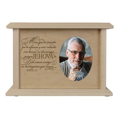 Custom Memorial Cremation Urn Box for Human Ashes holds 2x3 photo and holds 65 cu in Spanish Be Strong - LifeSong Milestones