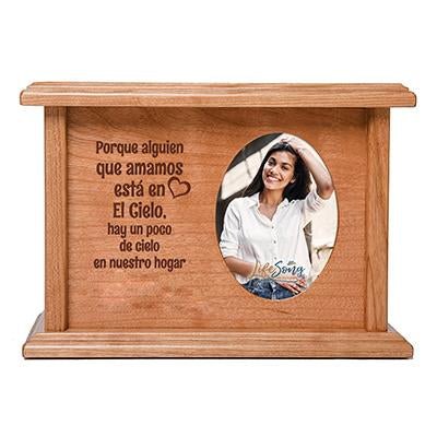 Custom Memorial Cremation Urn Box for Human Ashes holds 2x3 photo and holds 65 cu in Spanish Because Someone (Heart) - LifeSong Milestones