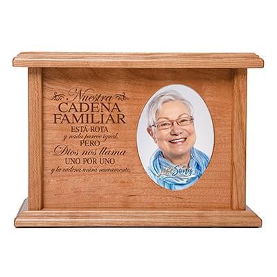 Custom Memorial Cremation Urn Box for Human Ashes holds 2x3 photo and holds 65 cu in Spanish Family Chain - LifeSong Milestones