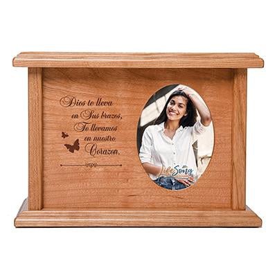 Custom Memorial Cremation Urn Box for Human Ashes holds 2x3 photo and holds 65 cu in Spanish God Carries You - LifeSong Milestones
