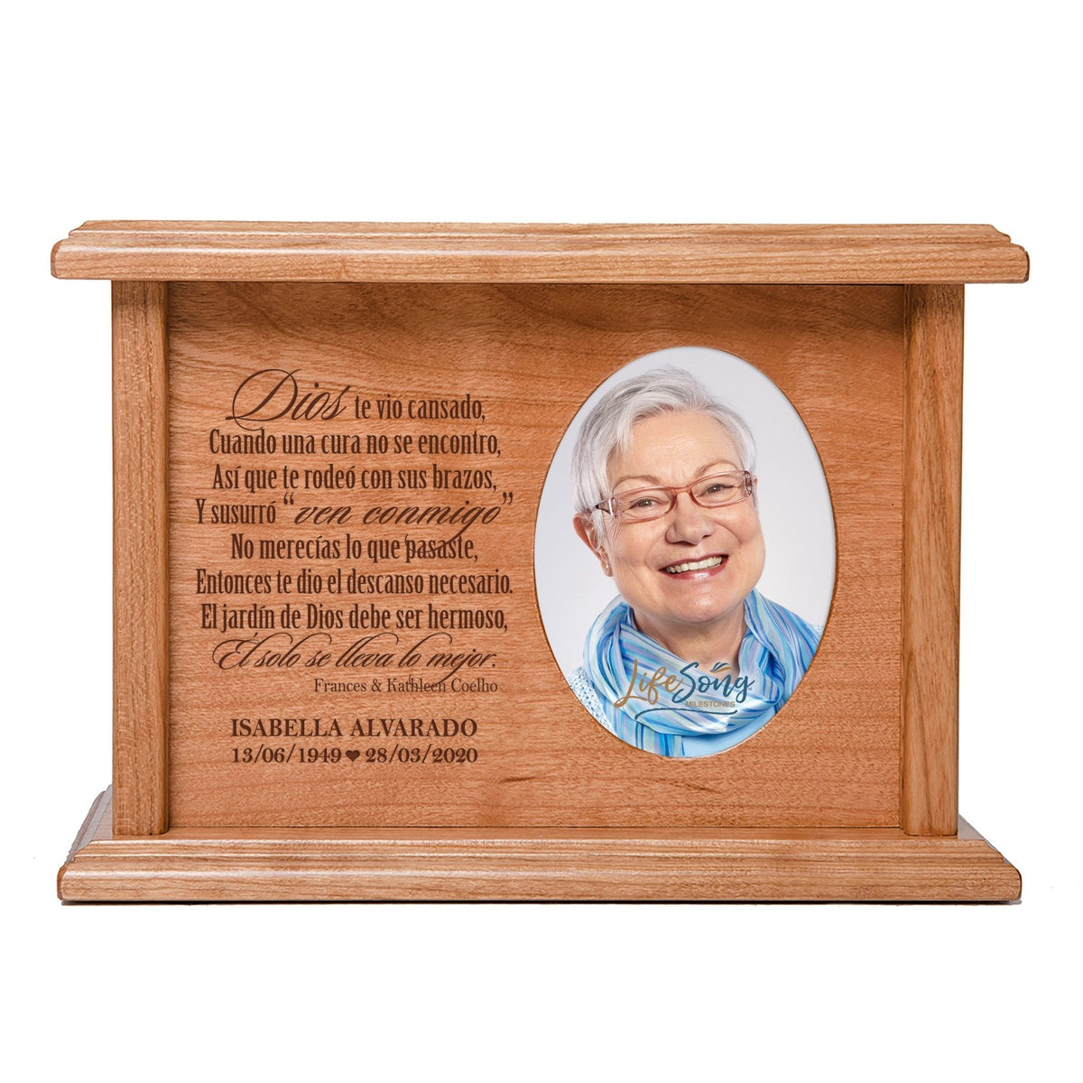 Custom Memorial Cremation Urn Box for Human Ashes holds 2x3 photo and holds 65 cu in Spanish God Saw You - LifeSong Milestones