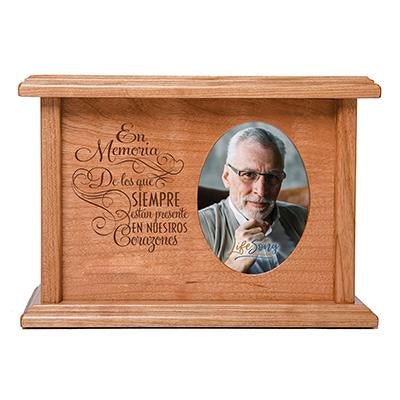 Custom Memorial Cremation Urn Box for Human Ashes holds 2x3 photo and holds 65 cu in Spanish In Loving Memory - LifeSong Milestones
