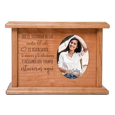 Custom Memorial Cremation Urn Box for Human Ashes holds 2x3 photo and holds 65 cu in Spanish May The Winds - LifeSong Milestones