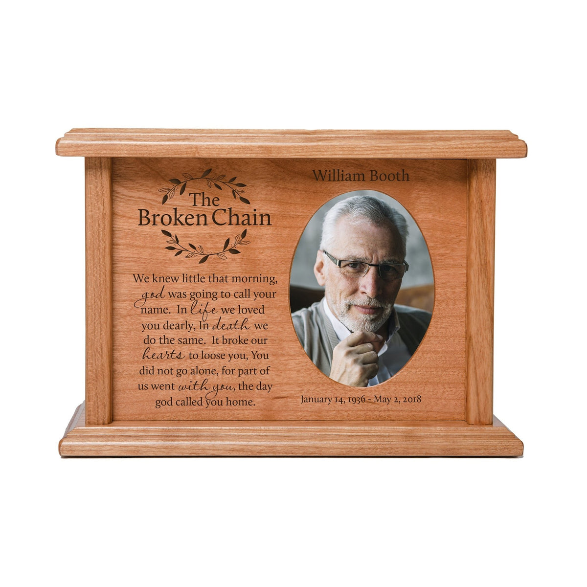 Custom Memorial Cremation Urn Box for Human Ashes holds 2x3 photo and holds 65 cu in The Broken Chain - LifeSong Milestones