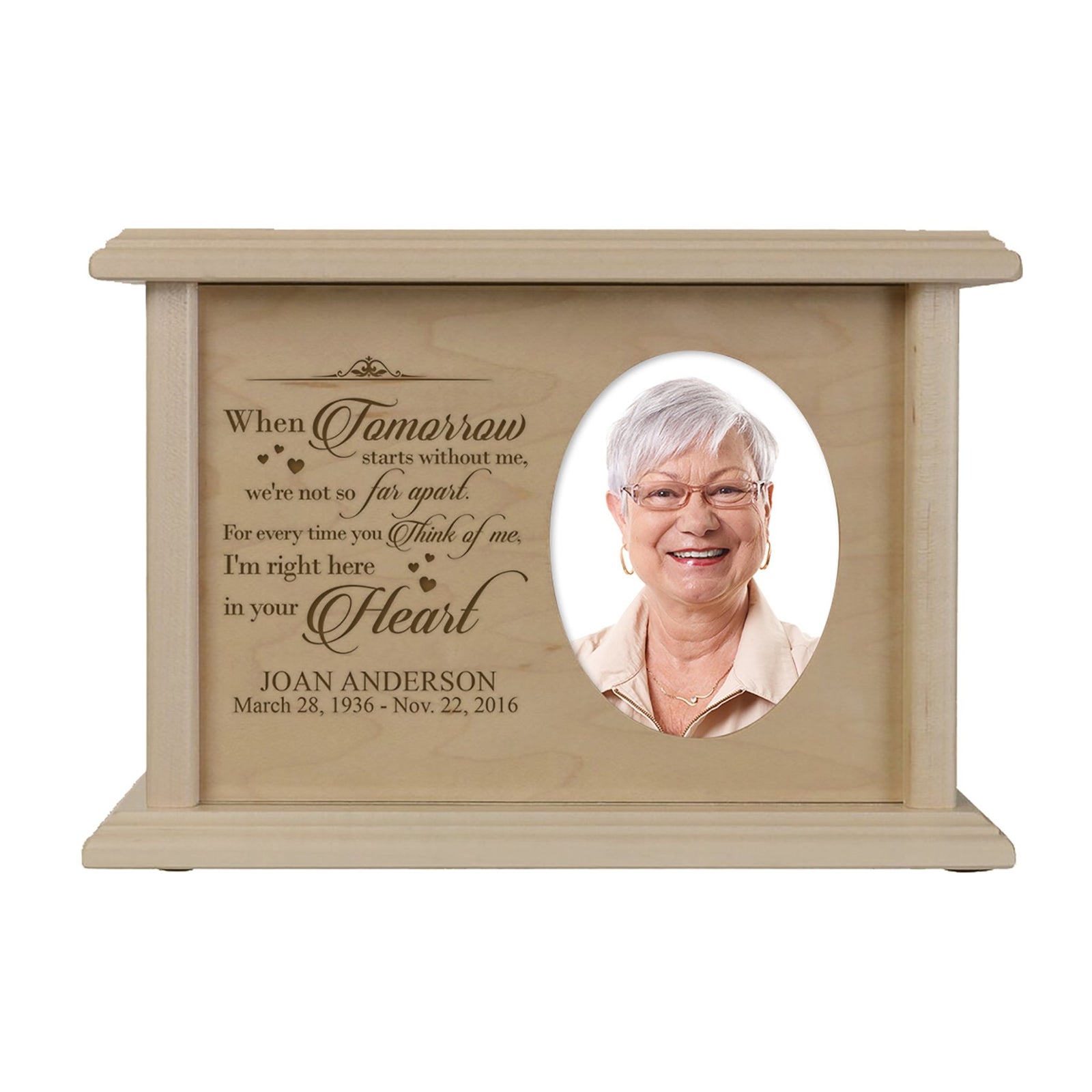 Custom Memorial Cremation Urn Box for Human Ashes holds 2x3 photo and holds 65 cu in When Tomorrow Starts - LifeSong Milestones