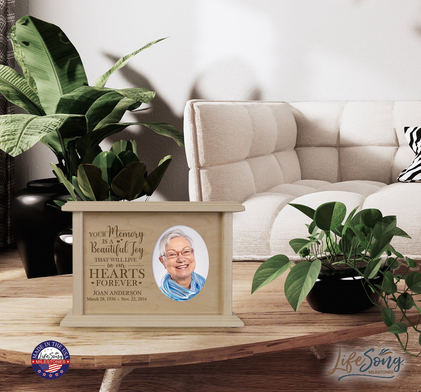 Custom Memorial Cremation Urn Box for Human Ashes holds 2x3 photo and holds 65 cu in Your Memory - LifeSong Milestones