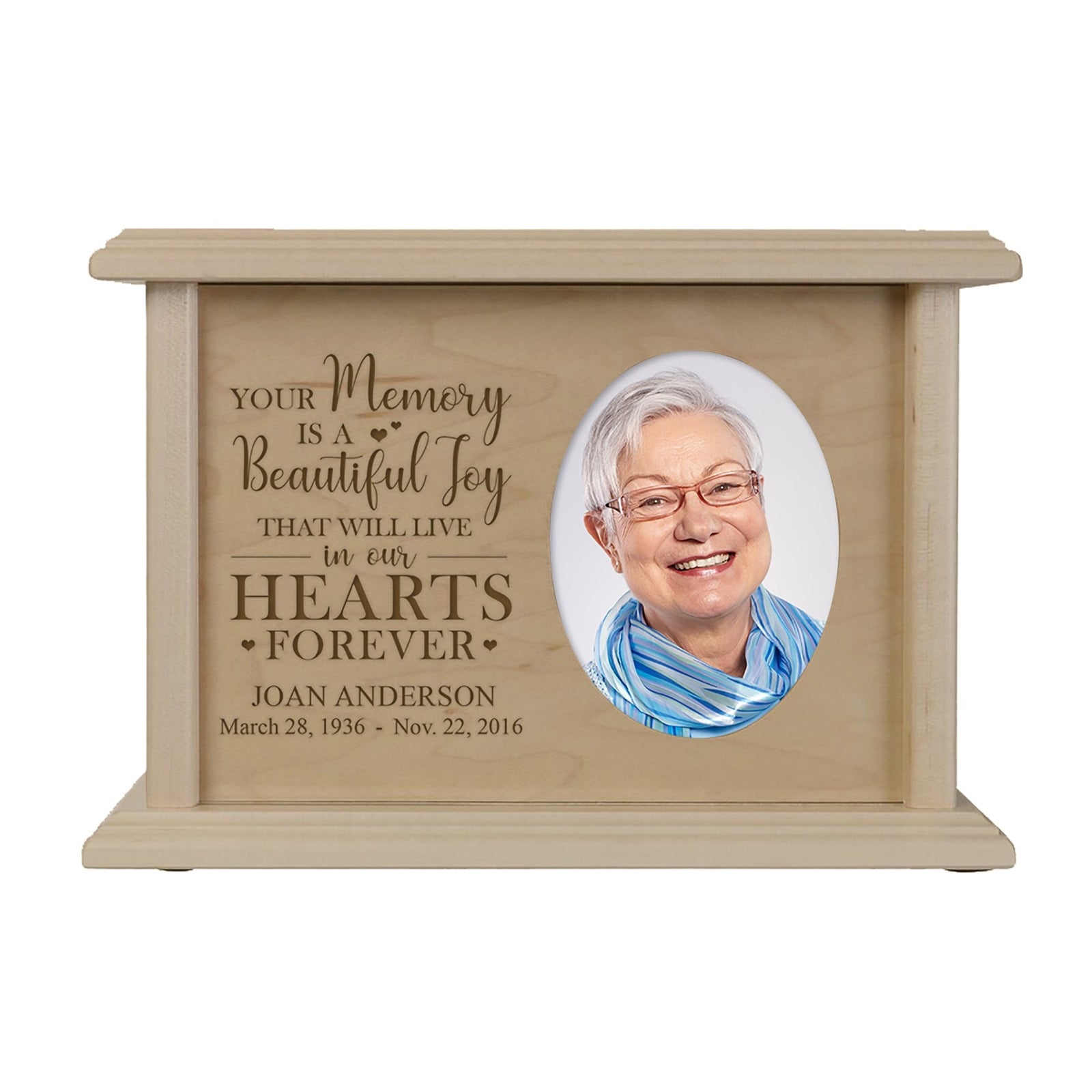 Custom Memorial Cremation Urn Box for Human Ashes holds 2x3 photo and holds 65 cu in Your Memory - LifeSong Milestones