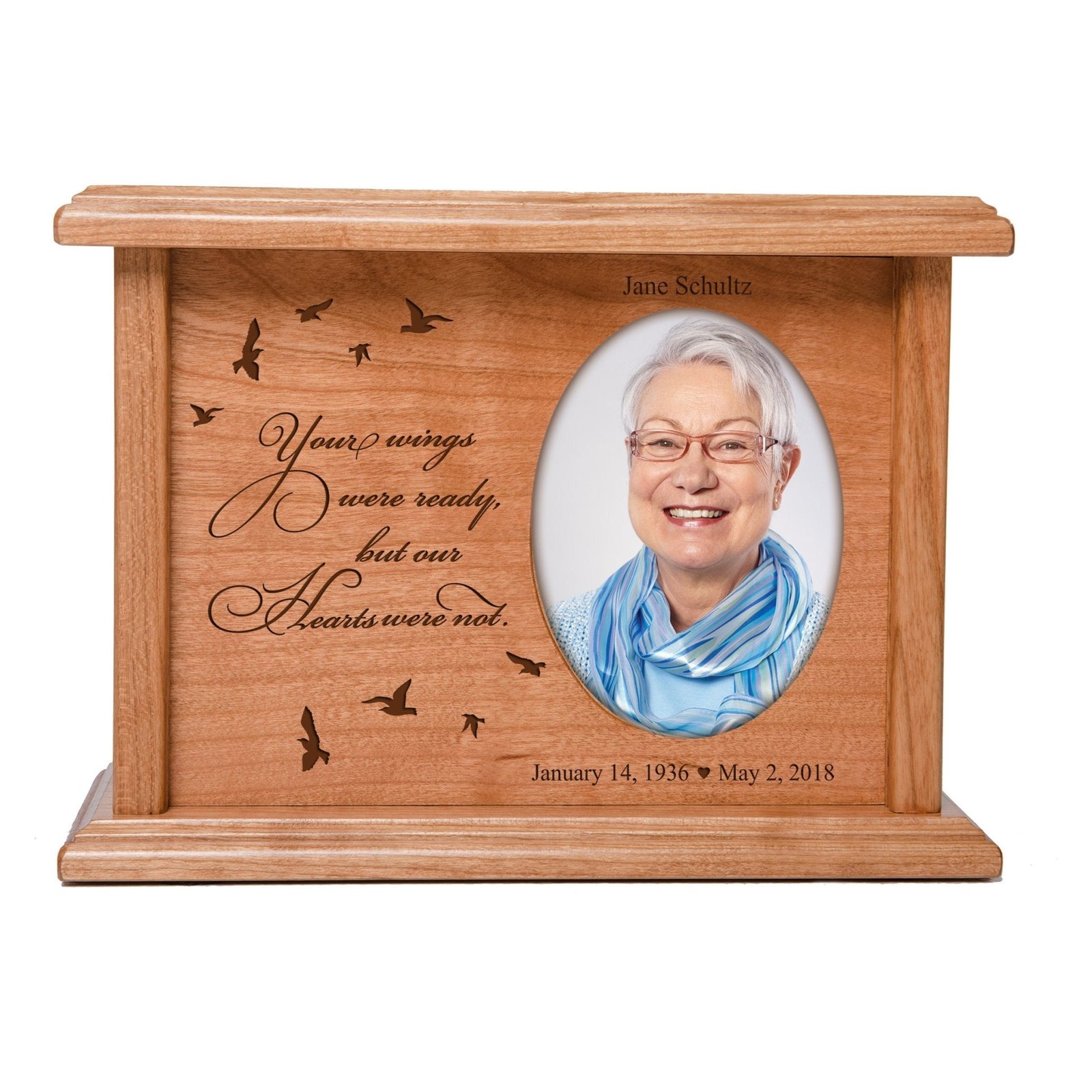 Custom Memorial Cremation Urn Box for Human Ashes holds 2x3 photo and holds 65 cu in Your Wings Were Ready - LifeSong Milestones