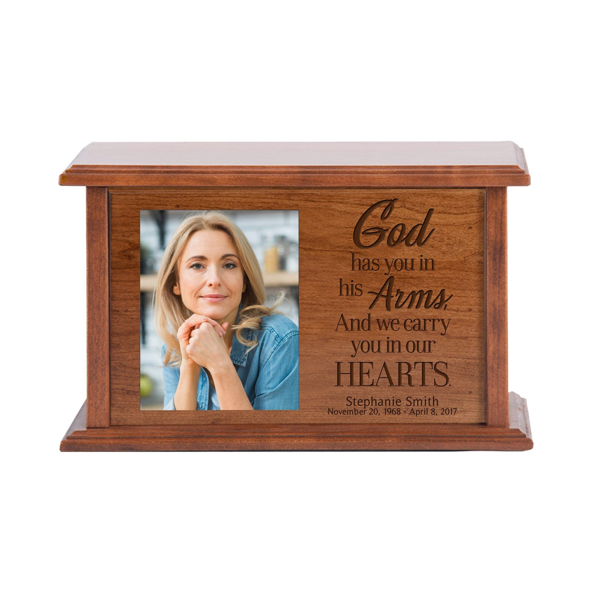 Custom Memorial Cremation Urn Box for Human Ashes holds 4x5 photo and 260 cu in God Has You - LifeSong Milestones