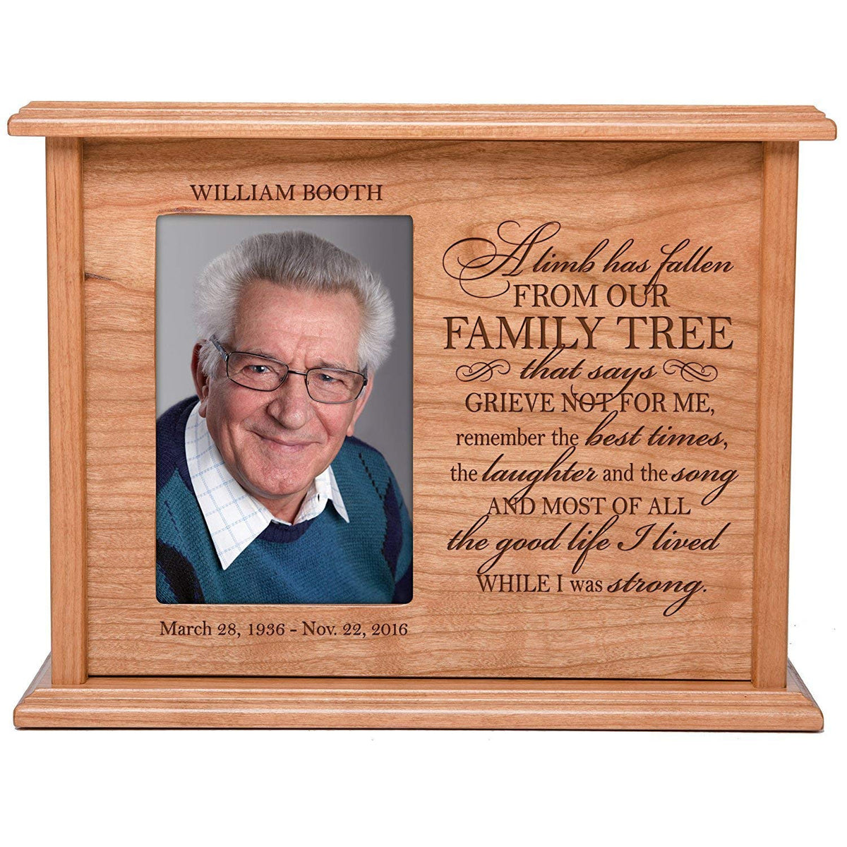 Custom Memorial Cremation Urn Box with 4x6 Photo holds 200 cu in of Human Ashes| A Limb Has Fallen - LifeSong Milestones