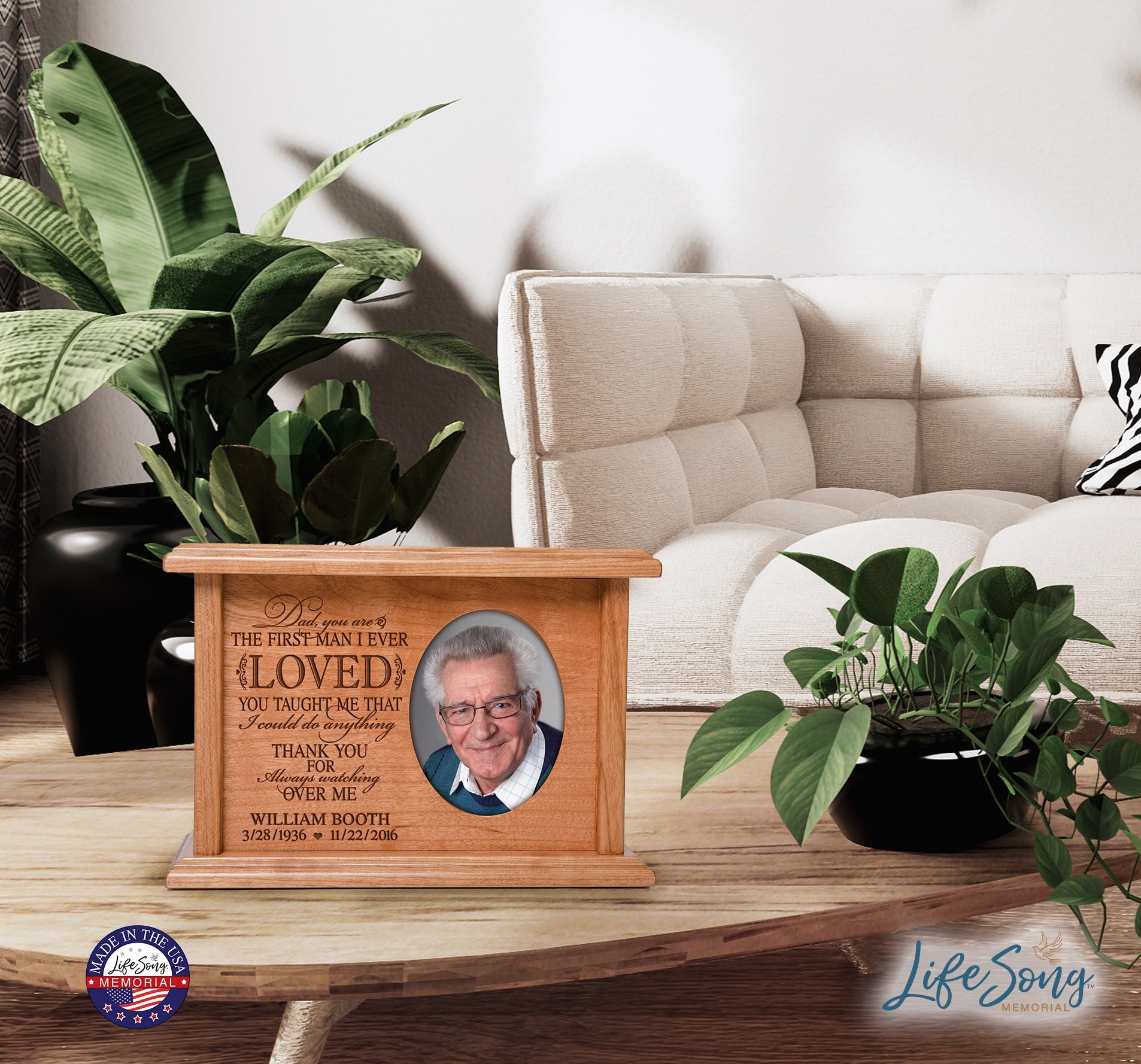 Custom Memorial Human Cremation Urn Box holds 2x3 photo and 65 cu inches of Ashes| Dad, You Are - LifeSong Milestones