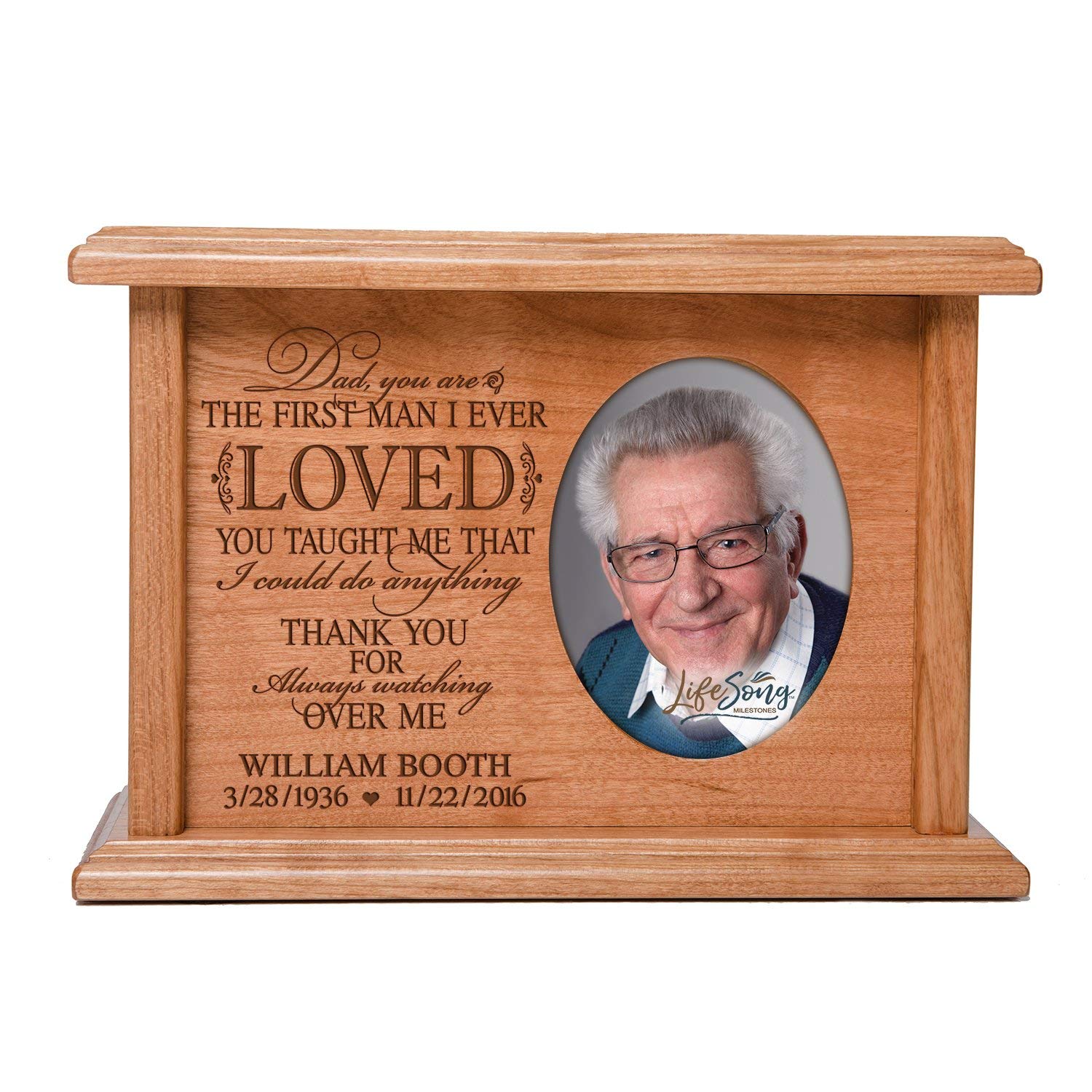 Custom Memorial Human Cremation Urn Box holds 2x3 photo and 65 cu inches of Ashes| Dad, You Are - LifeSong Milestones