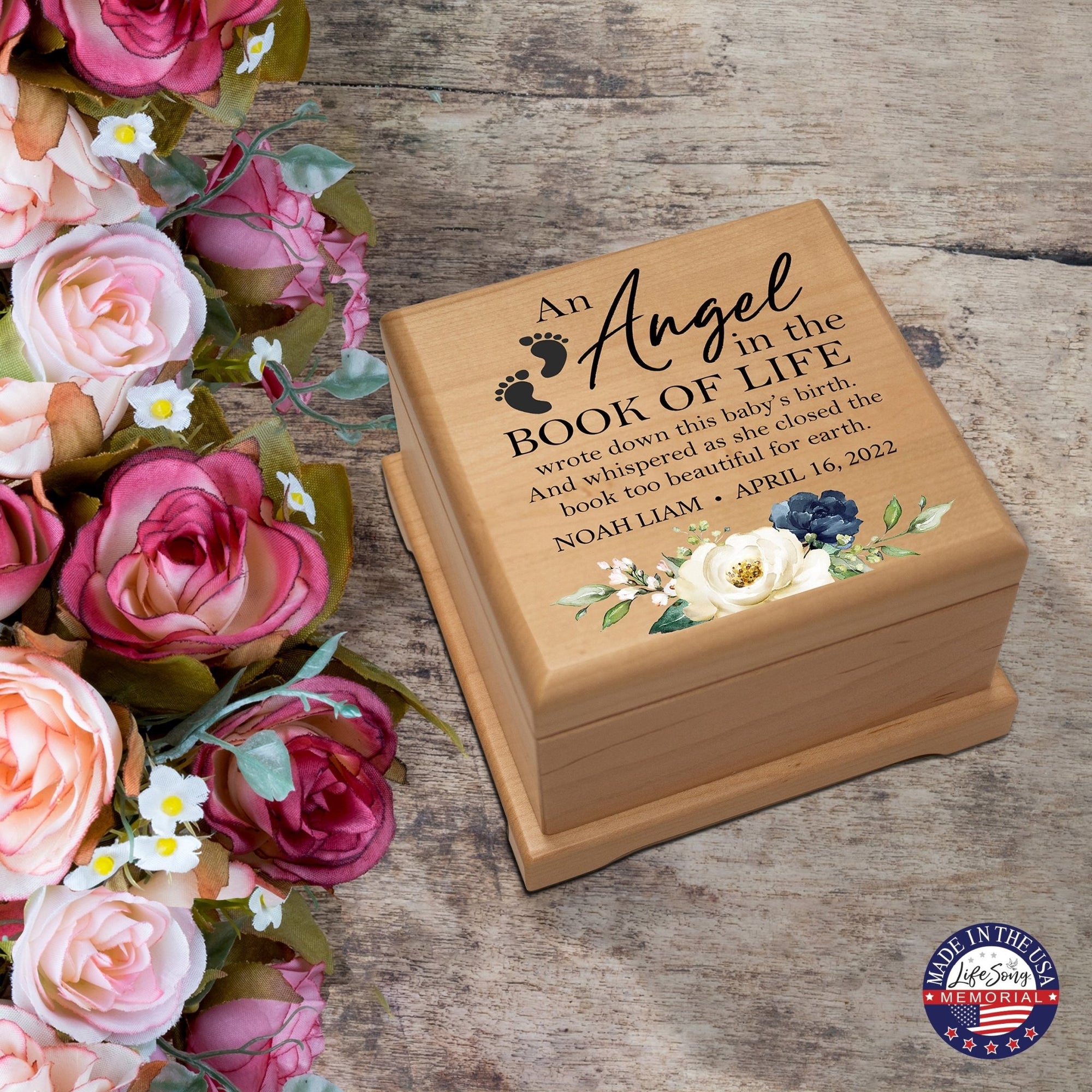 Custom Memorial Keepsake Urn Box for Human Ashes - An Angel In The Book of Life - LifeSong Milestones
