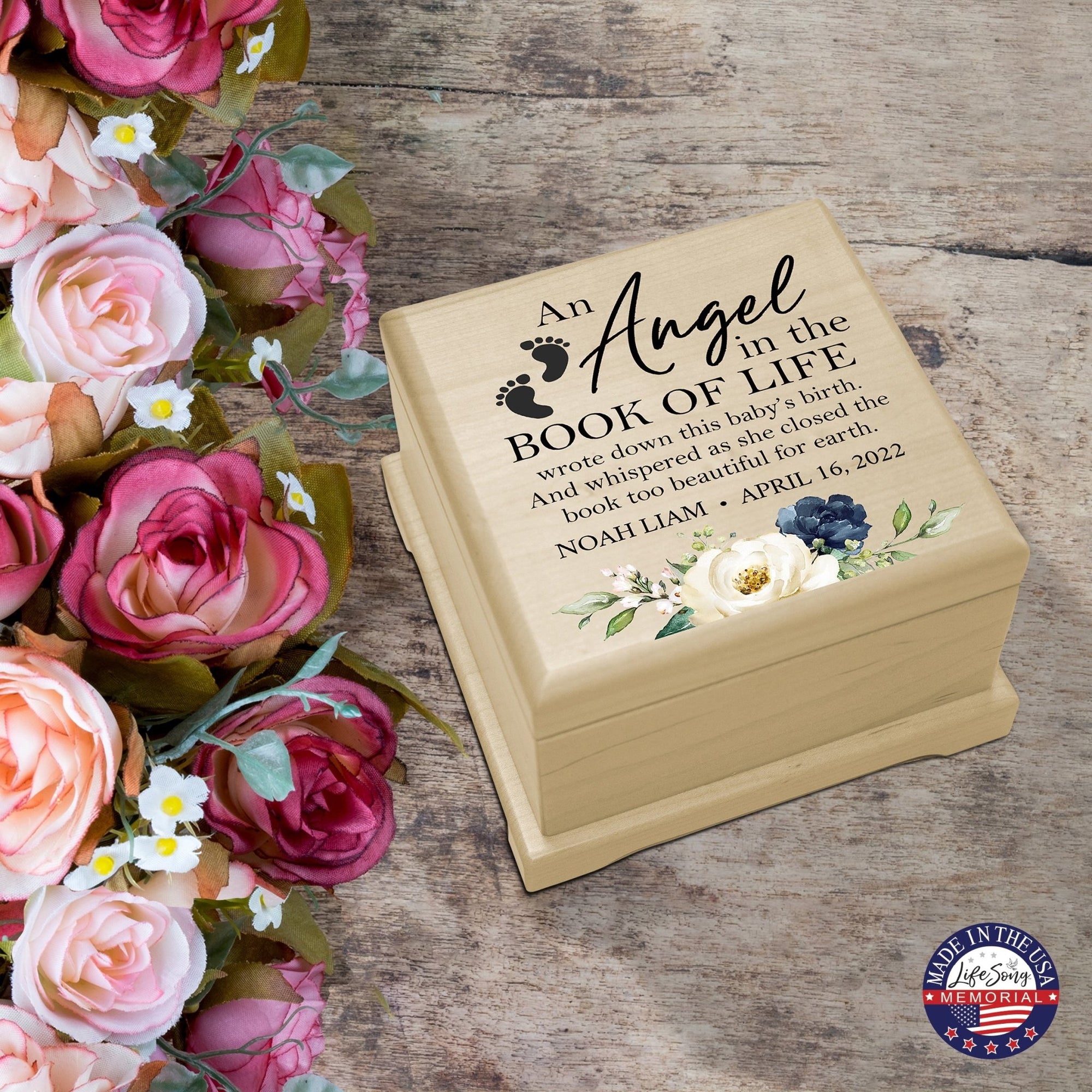 Custom Memorial Keepsake Urn Box for Human Ashes - An Angel In The Book of Life - LifeSong Milestones