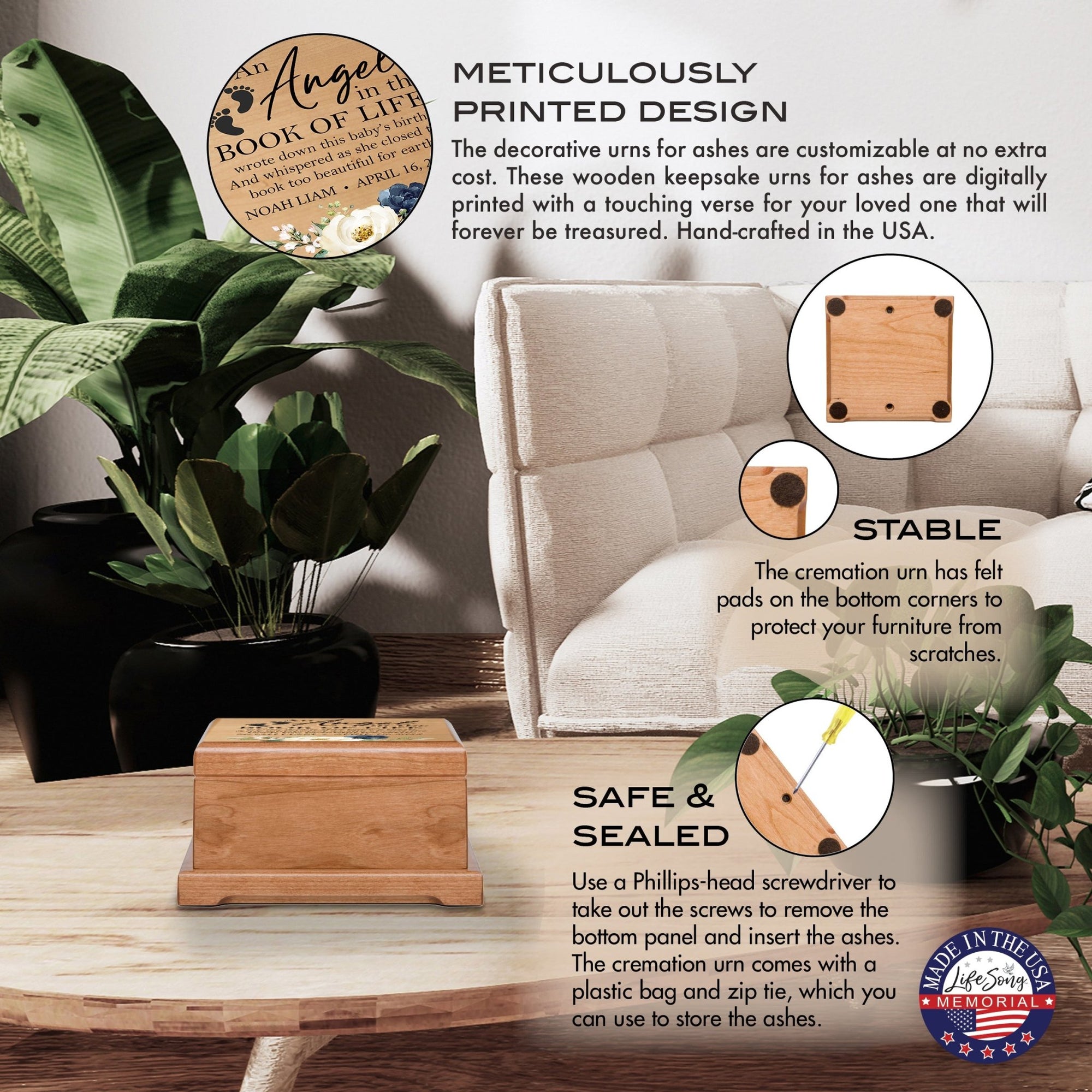 Custom Memorial Keepsake Urn Box for Human Ashes - An Angel In The Book of Life - LifeSong Milestones