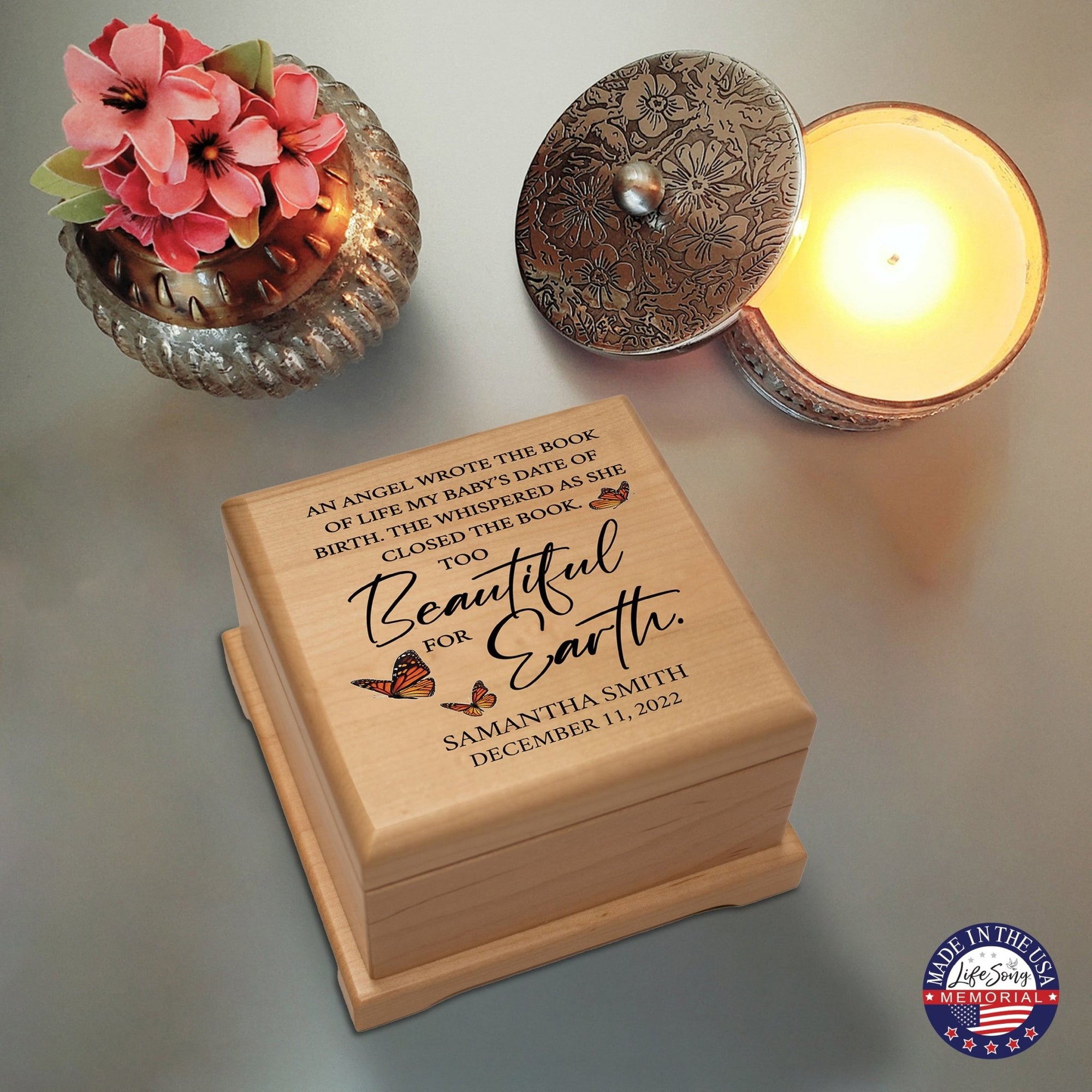 Custom Memorial Keepsake Urn Box for Human Ashes - An Angel In The Book of Life - LifeSong Milestones