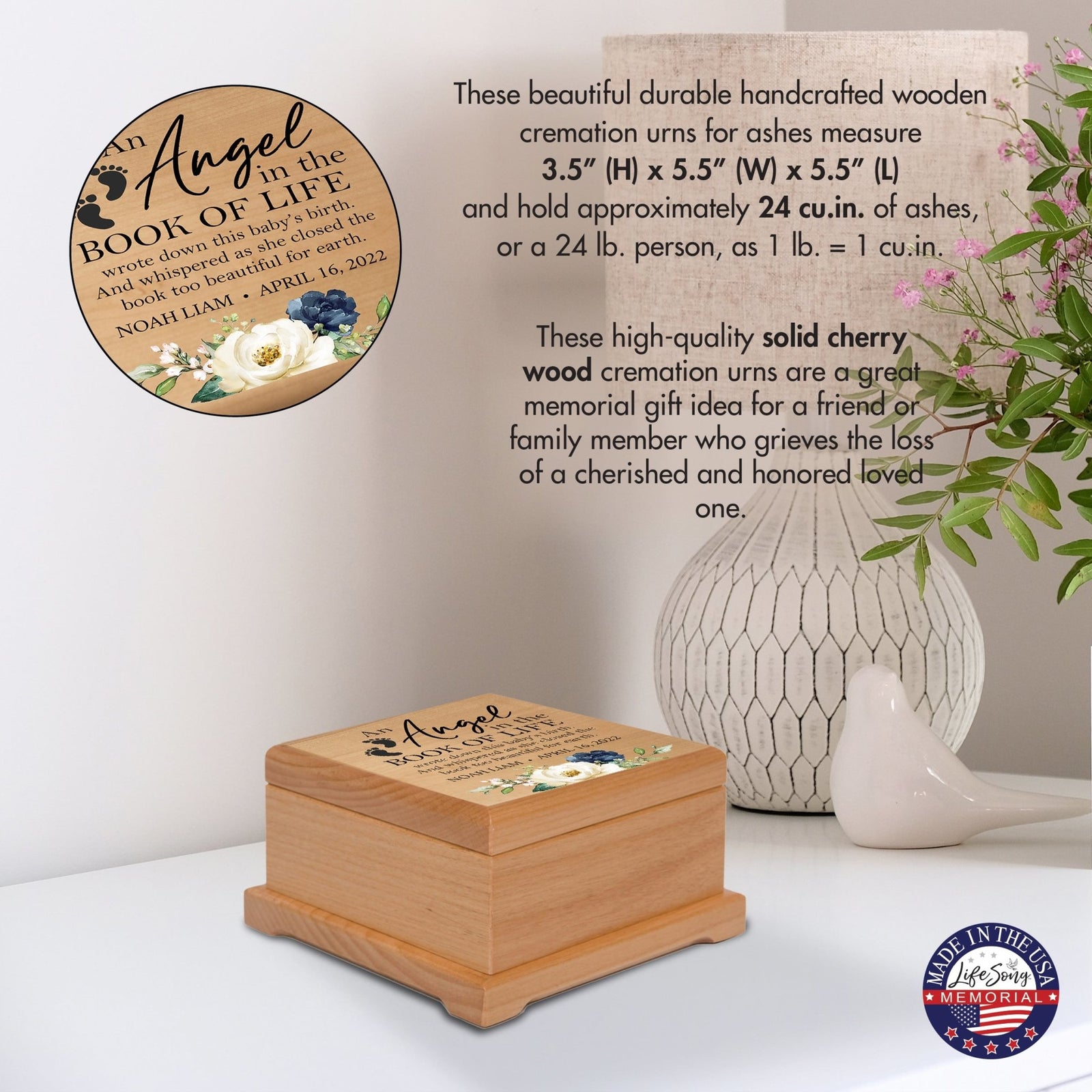 Custom Memorial Keepsake Urn Box for Human Ashes - An Angel In The Book of Life - LifeSong Milestones
