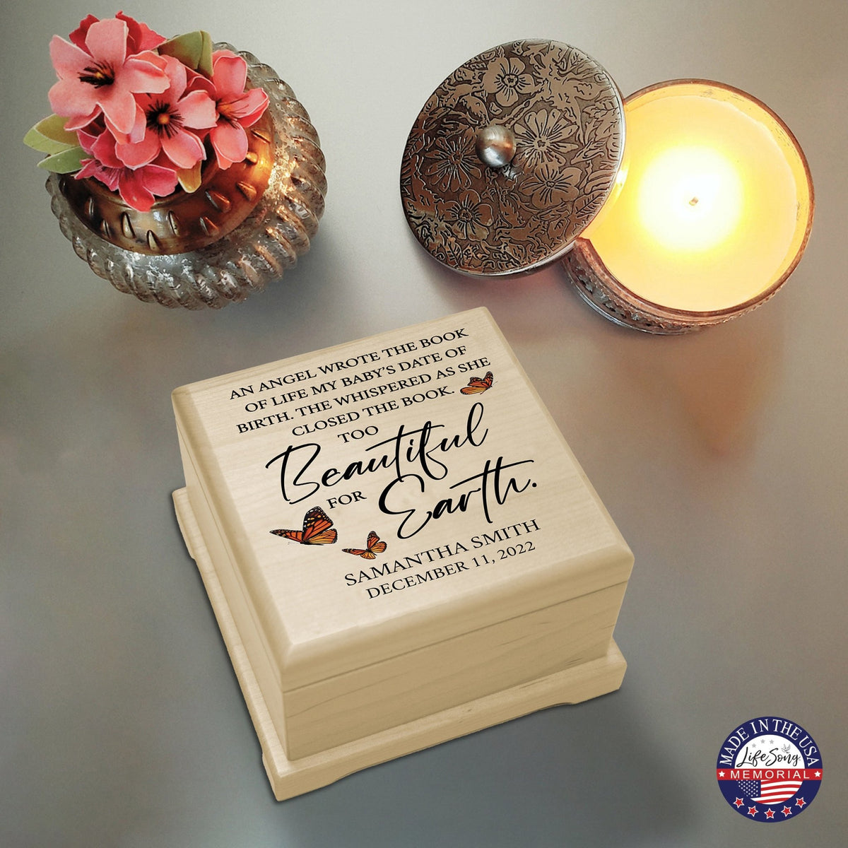 Custom Memorial Keepsake Urn Box for Human Ashes - An Angel In The Book of Life - LifeSong Milestones