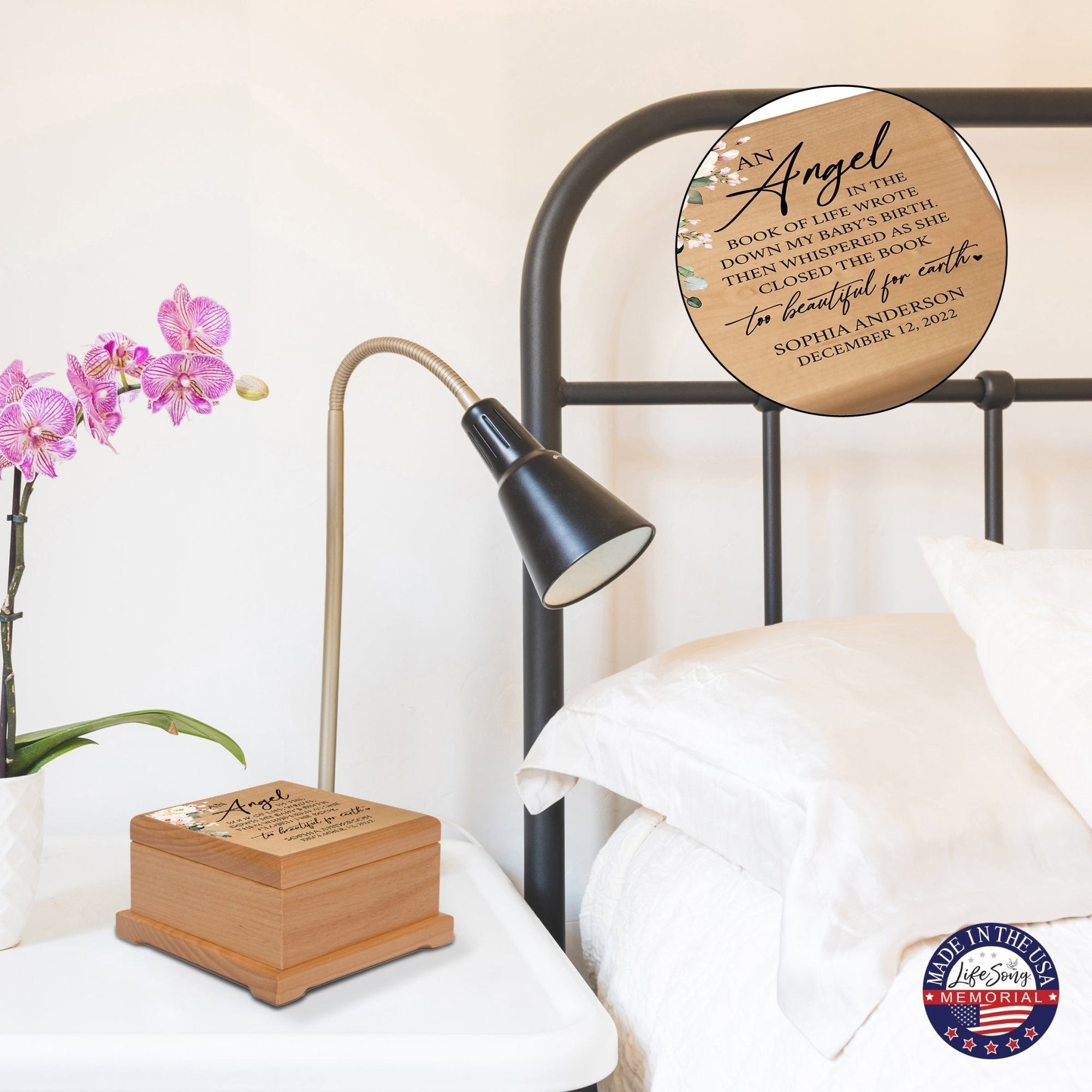 Custom Memorial Keepsake Urn Box for Human Ashes - An Angel In The Book of Life - LifeSong Milestones