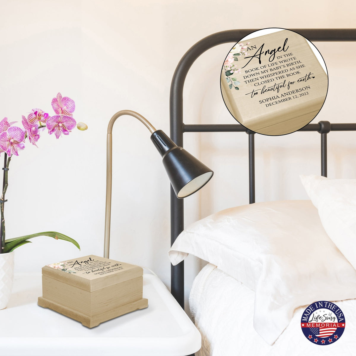 Custom Memorial Keepsake Urn Box for Human Ashes - An Angel In The Book of Life - LifeSong Milestones