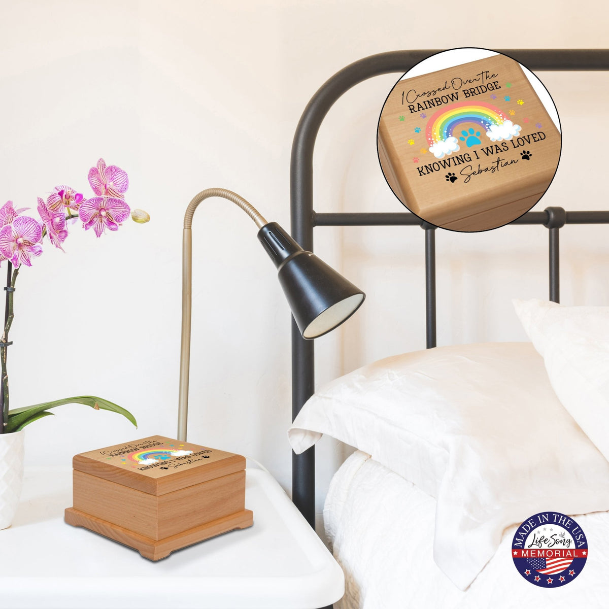 Custom Memorial Keepsake Urn Box for Pet Ashes - I Crossed Over The Rainbow - LifeSong Milestones