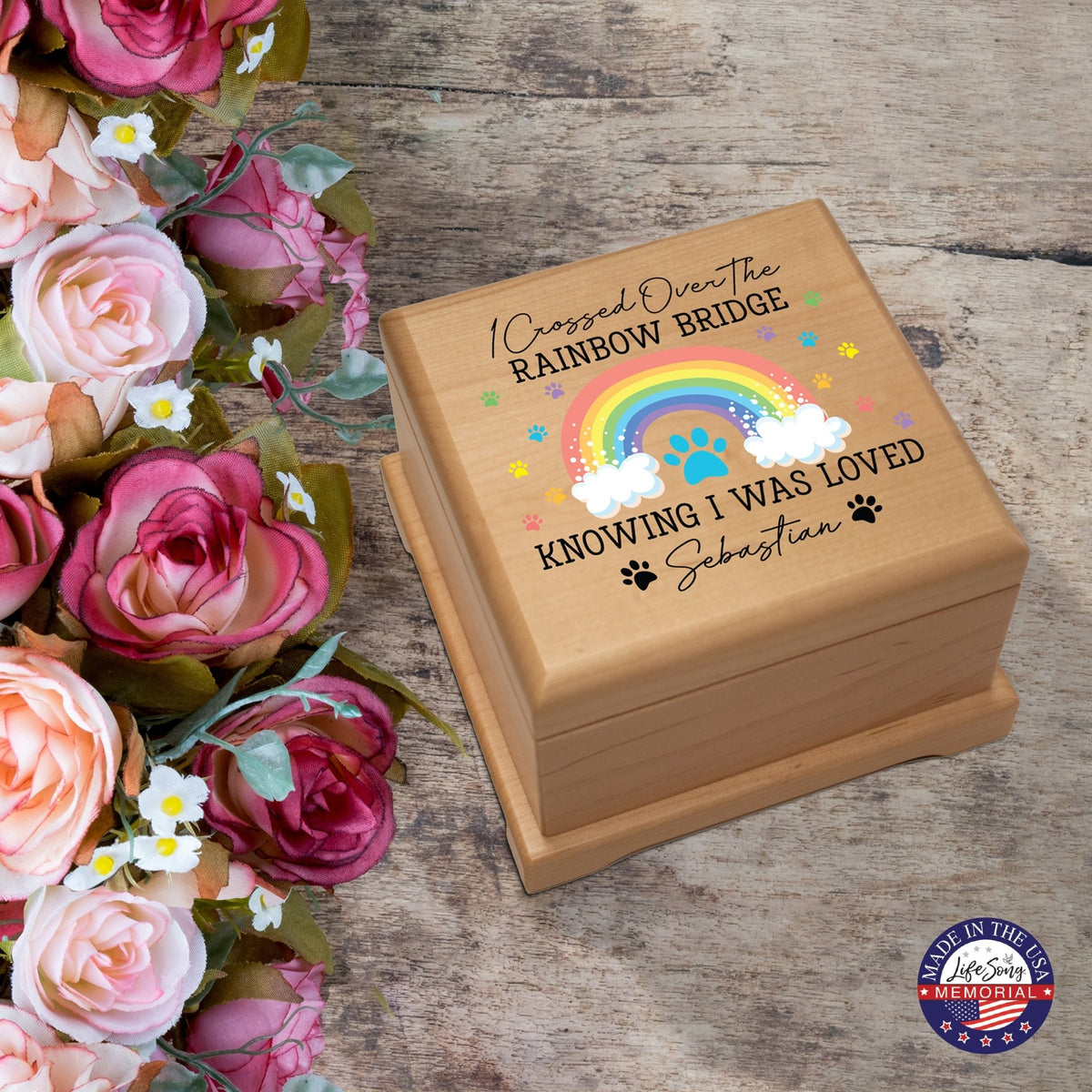 Custom Memorial Keepsake Urn Box for Pet Ashes - I Crossed Over The Rainbow - LifeSong Milestones