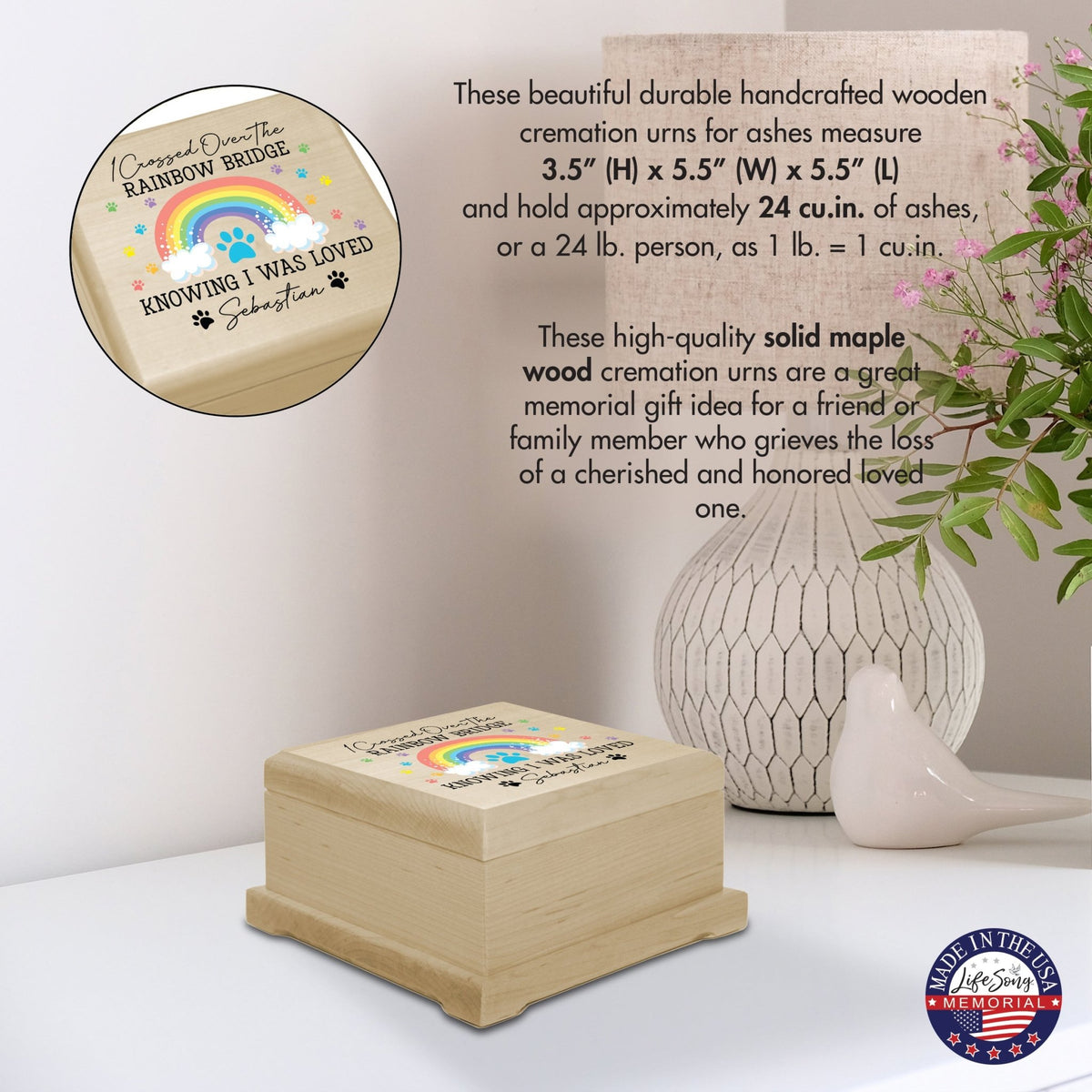 Custom Memorial Keepsake Urn Box for Pet Ashes - I Crossed Over The Rainbow - LifeSong Milestones