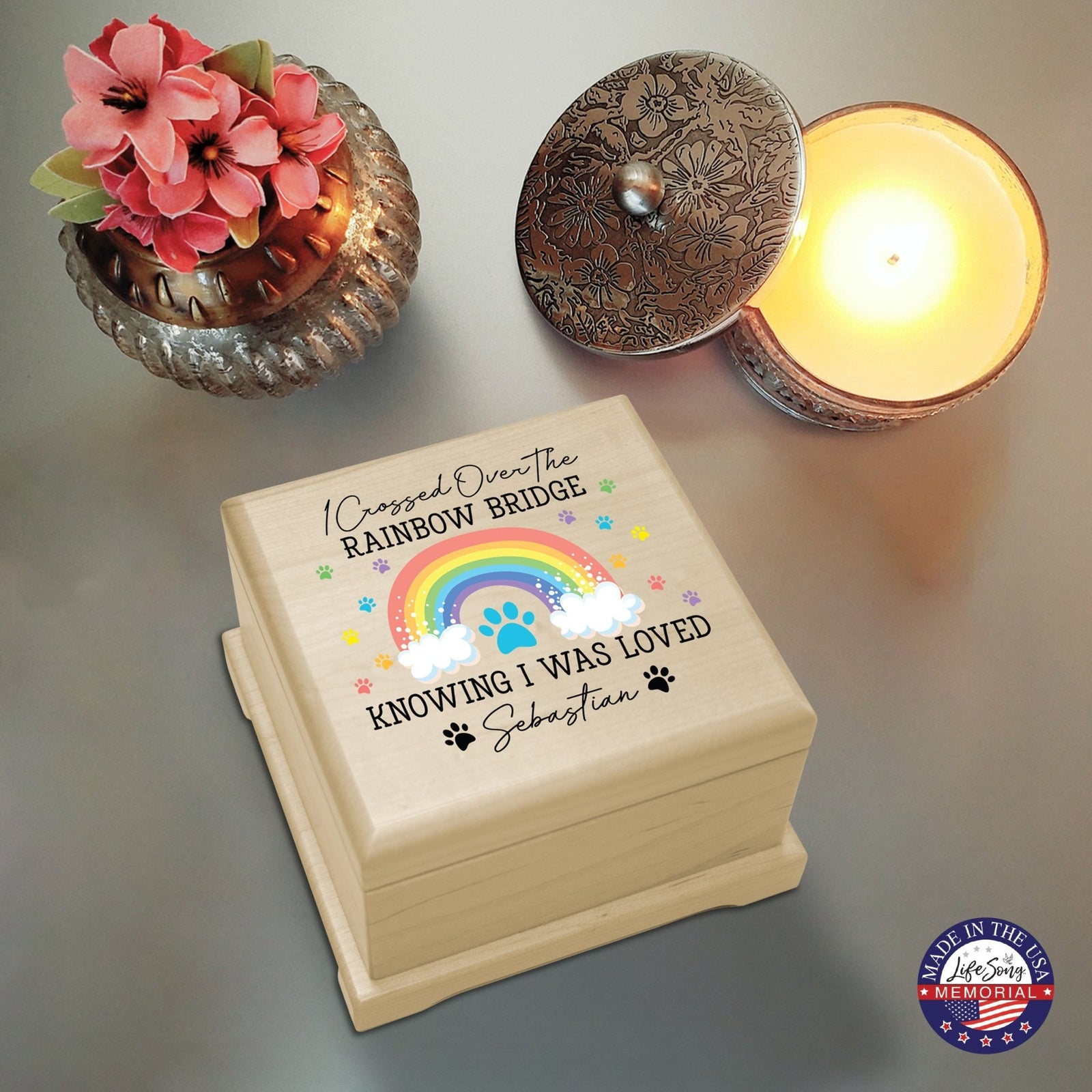 Custom Memorial Keepsake Urn Box for Pet Ashes - I Crossed Over The Rainbow - LifeSong Milestones