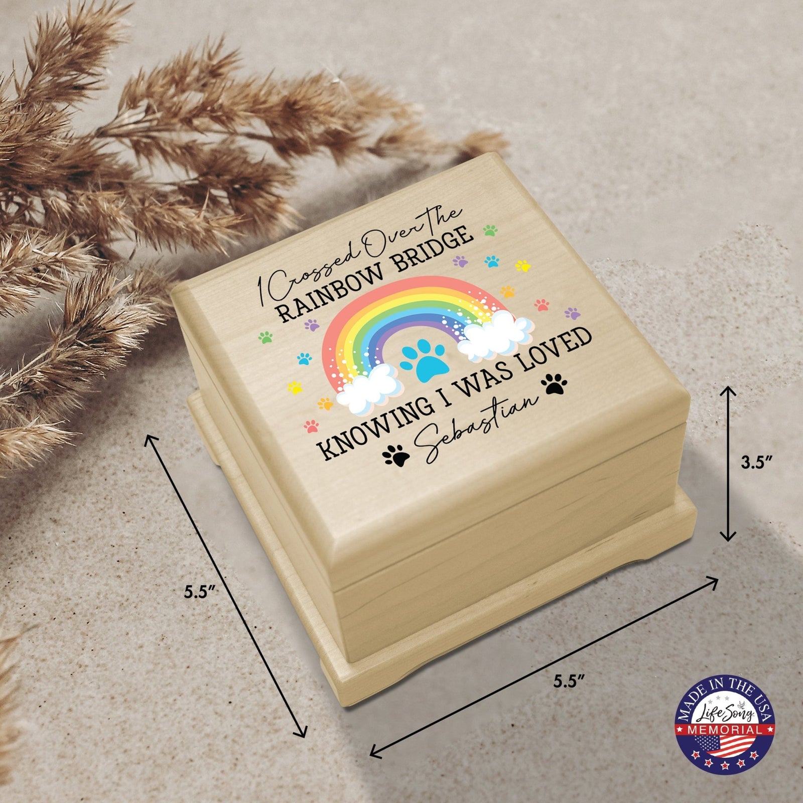 Custom Memorial Keepsake Urn Box for Pet Ashes - I Crossed Over The Rainbow - LifeSong Milestones