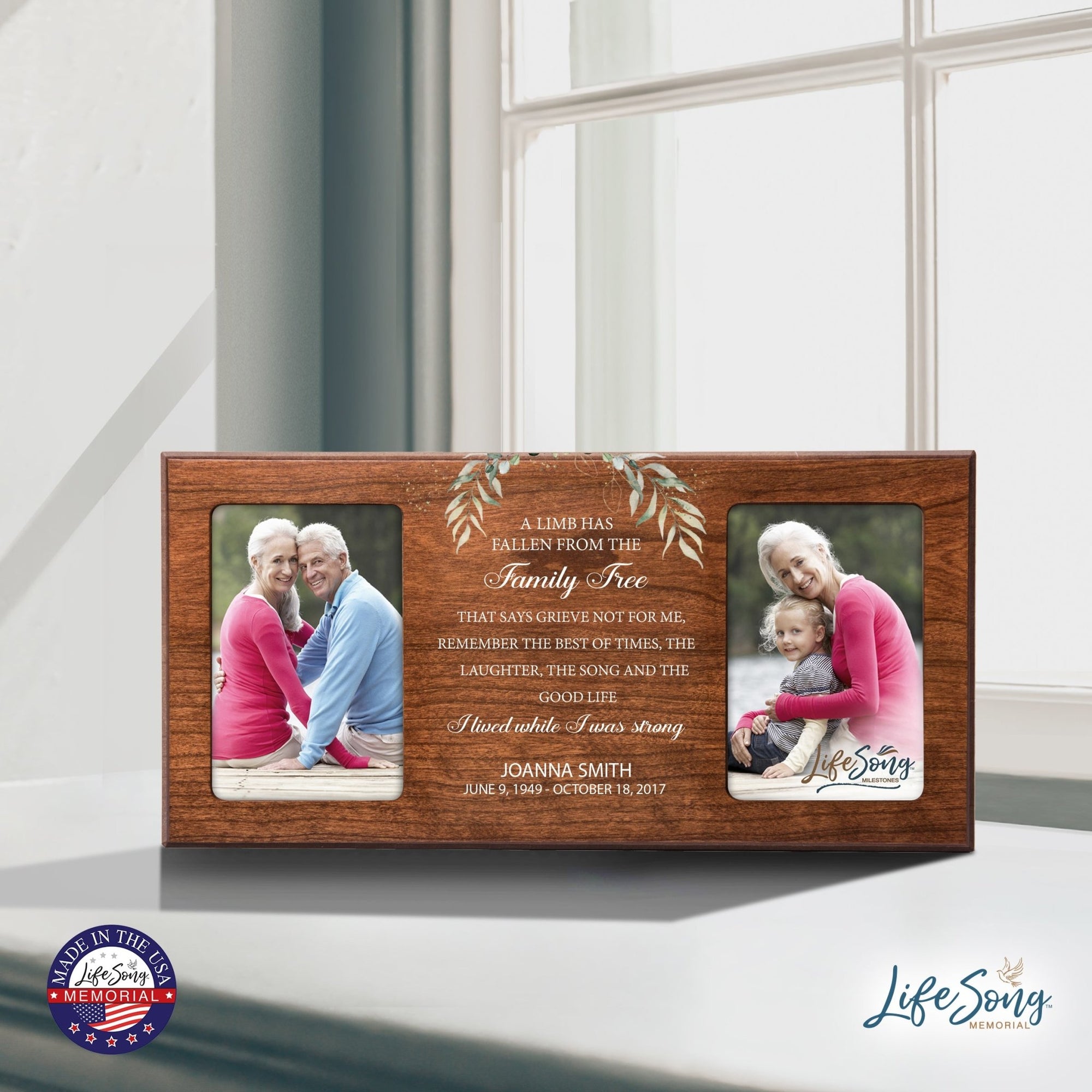Custom Memorial Picture Frame 16x8in Holds Two 4x6in Photos - A Limb Has Fallen - LifeSong Milestones