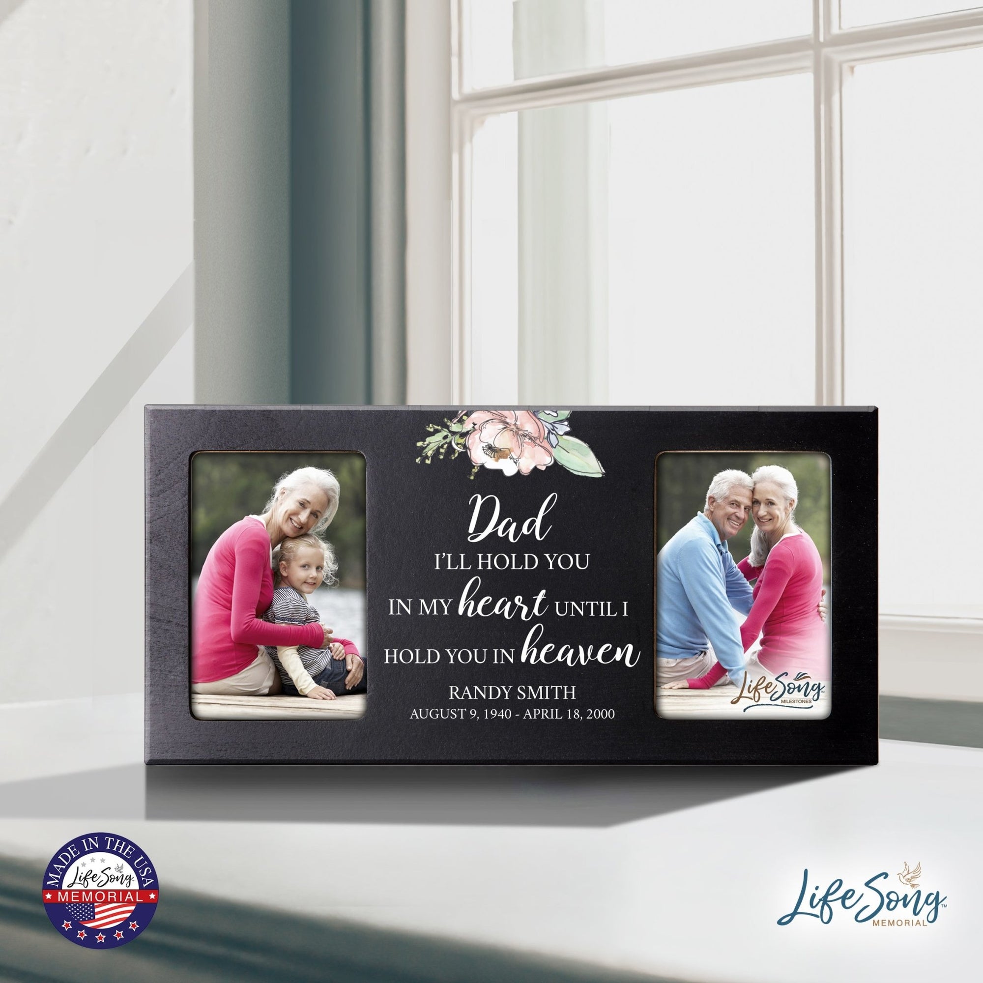 Custom Memorial Picture Frame 16x8in Holds Two 4x6in Photos - Dad, I’ll Hold You In My - LifeSong Milestones