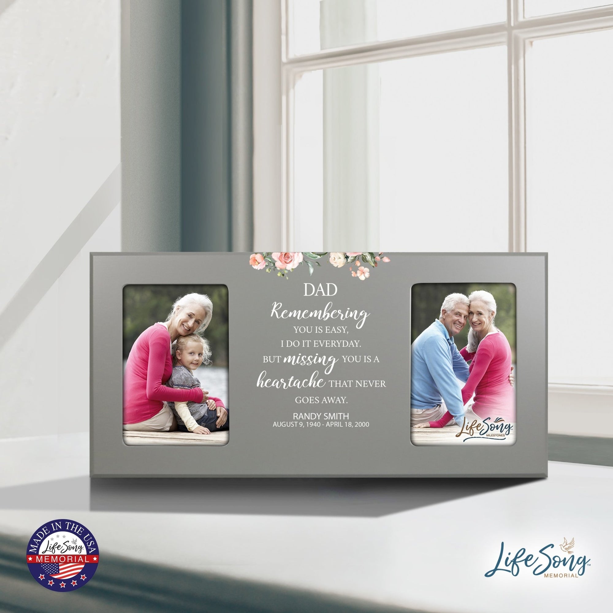 Custom Memorial Picture Frame 16x8in Holds Two 4x6in Photos - Dad, Remembering You Is Easy - LifeSong Milestones