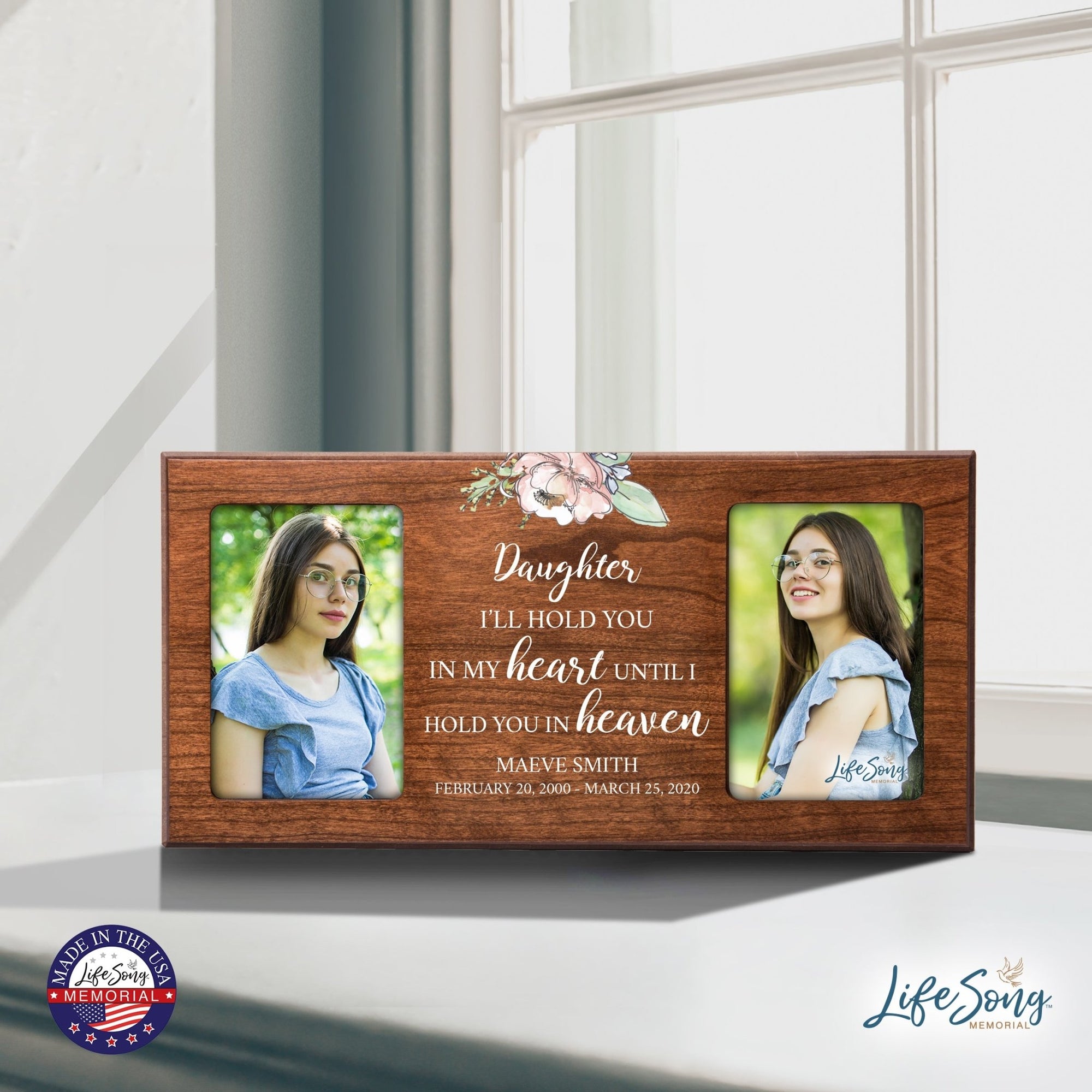 Custom Memorial Picture Frame 16x8in Holds Two 4x6in Photos - Daughter, I’ll Hold You In My - LifeSong Milestones