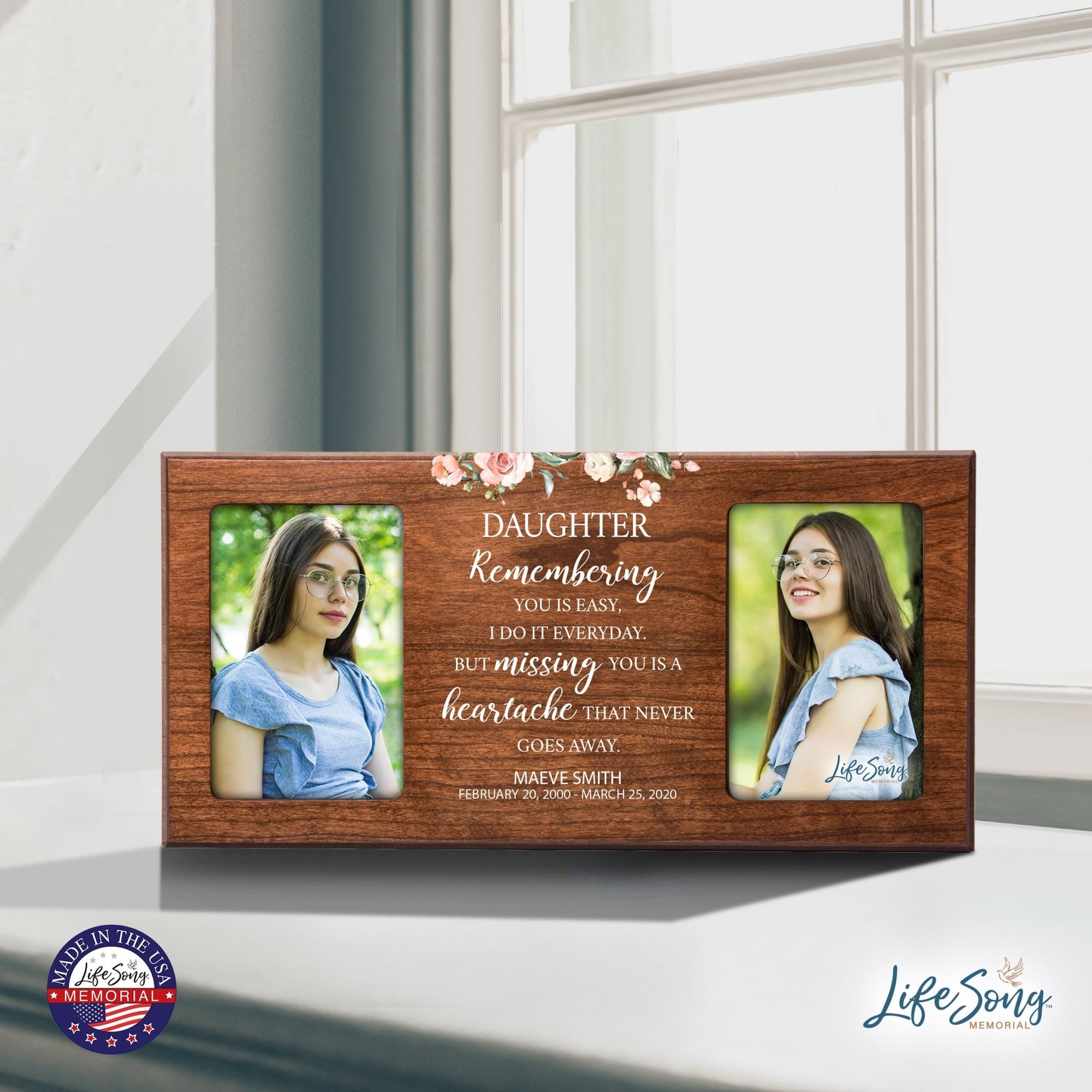 Custom Memorial Picture Frame 16x8in Holds Two 4x6in Photos - Daughter, Remembering You Is Easy - LifeSong Milestones