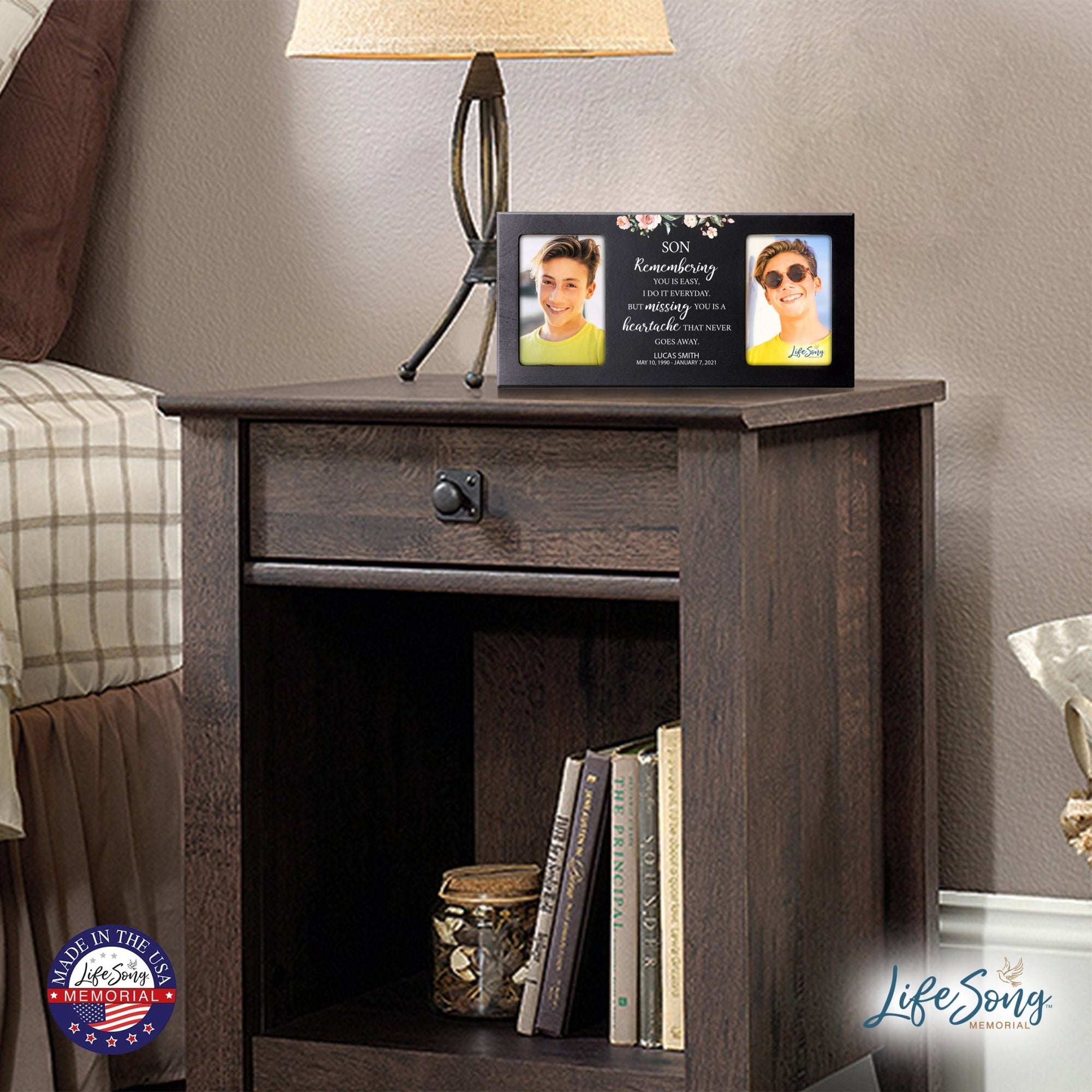 Custom Memorial Picture Frame 16x8in Holds Two 4x6in Photos - Son, Remembering You Is Easy - LifeSong Milestones