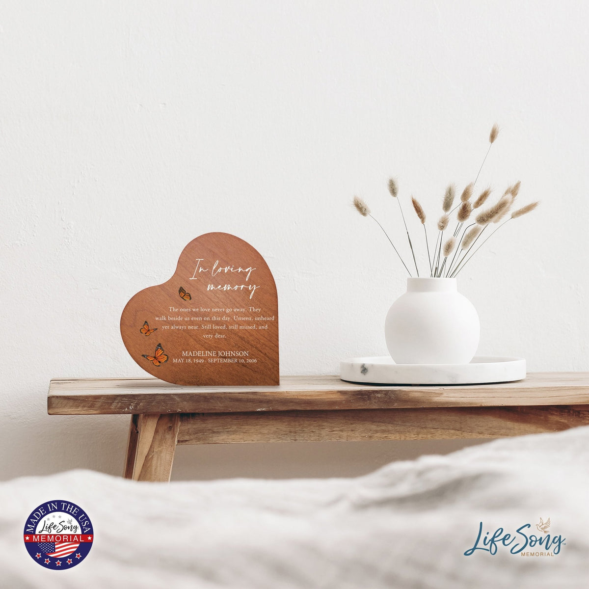 Custom Memorial Solid Wood Heart Decoration 5x5.25 In Loving Memory (Cherry) - LifeSong Milestones