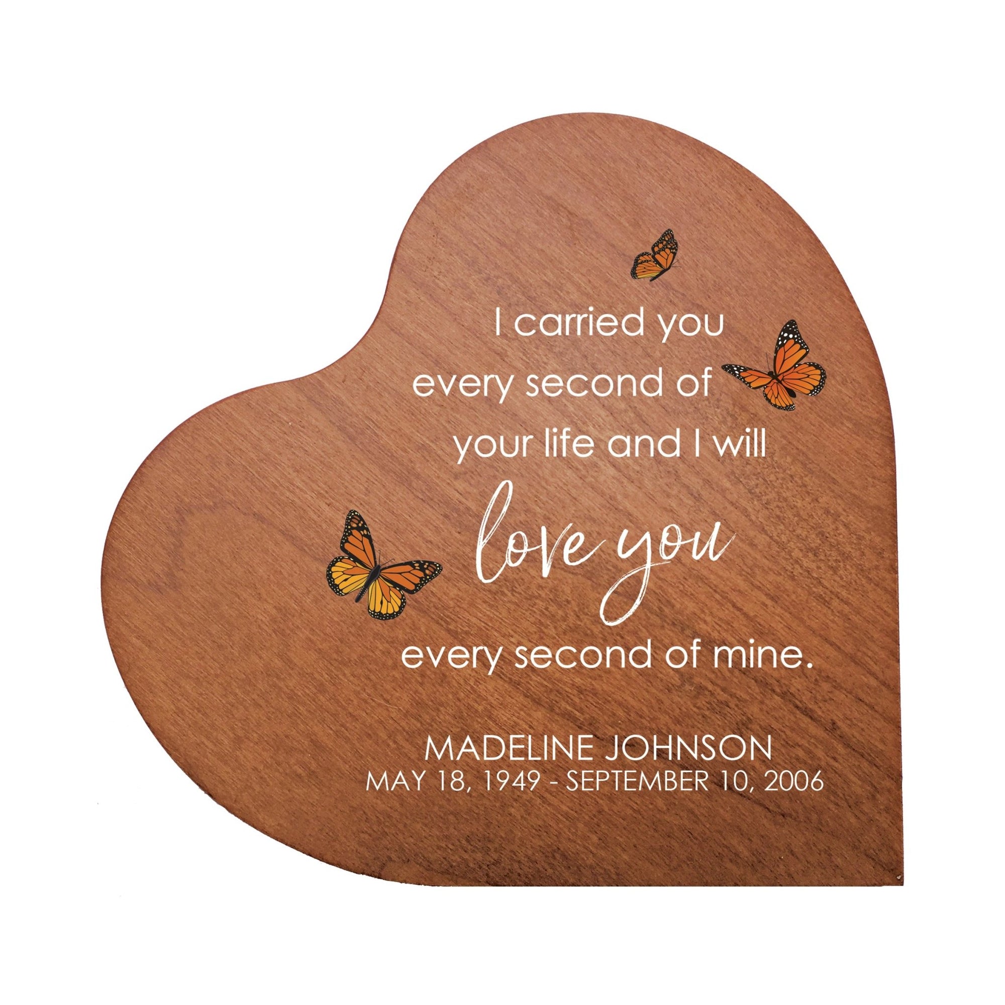 Custom Memorial Solid Wood Heart Decoration - I Carried You (butterflies) - LifeSong Milestones