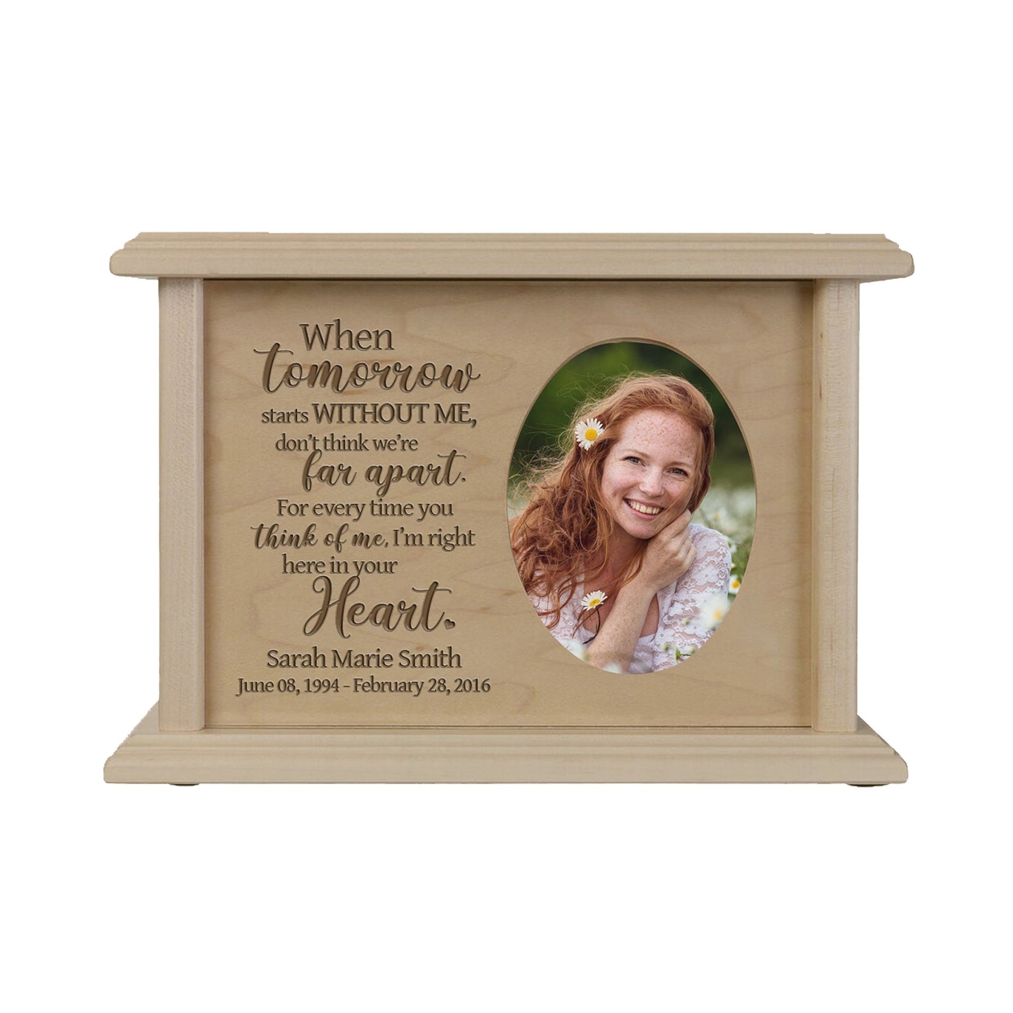Custom Memorial Urn Box for Human Ashes holds 2x3 photo and 65 cu in When Tomorrow Starts - LifeSong Milestones