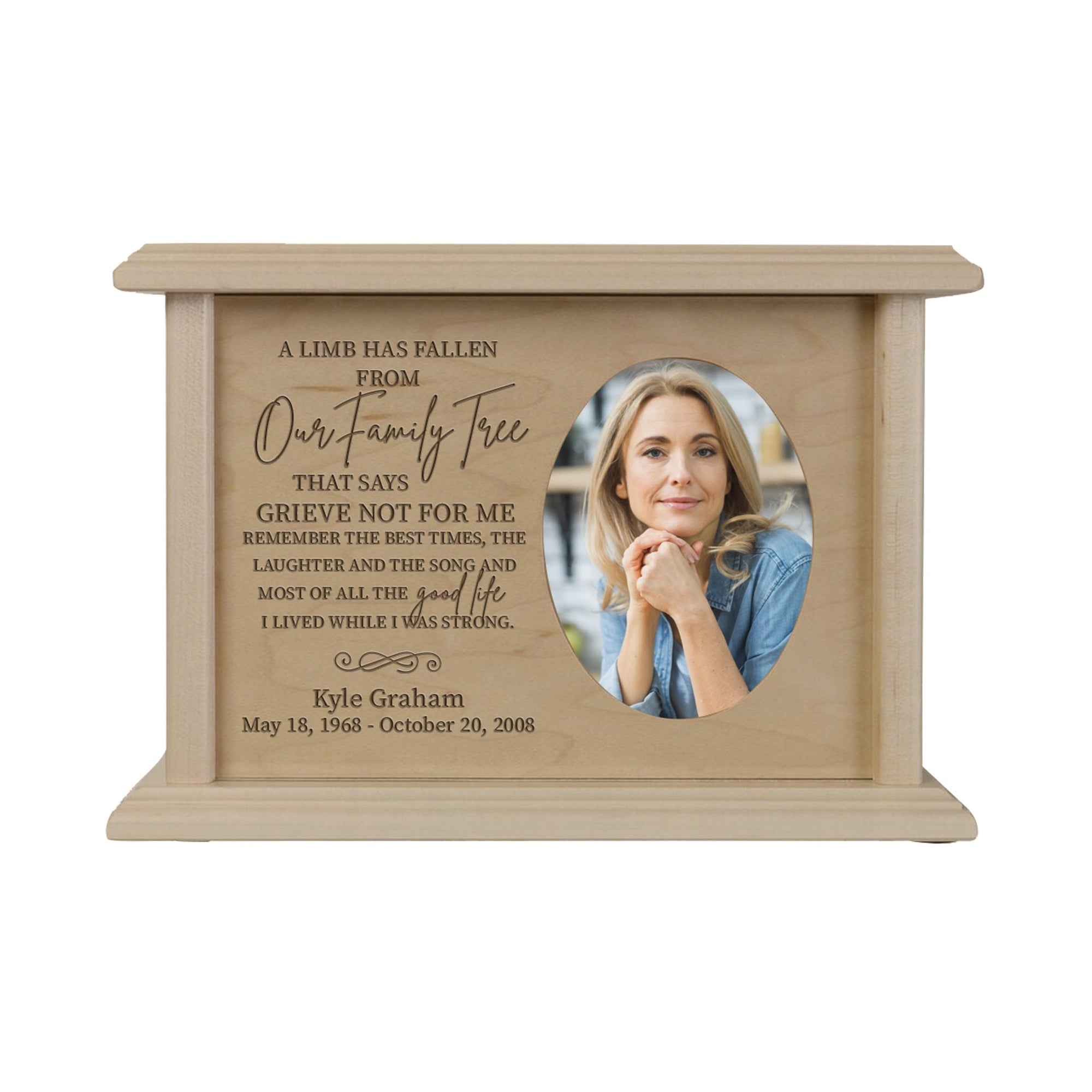 Custom Memorial Urn Box holds 2x3 photo and 65 cu in A Limb Has Fallen - LifeSong Milestones