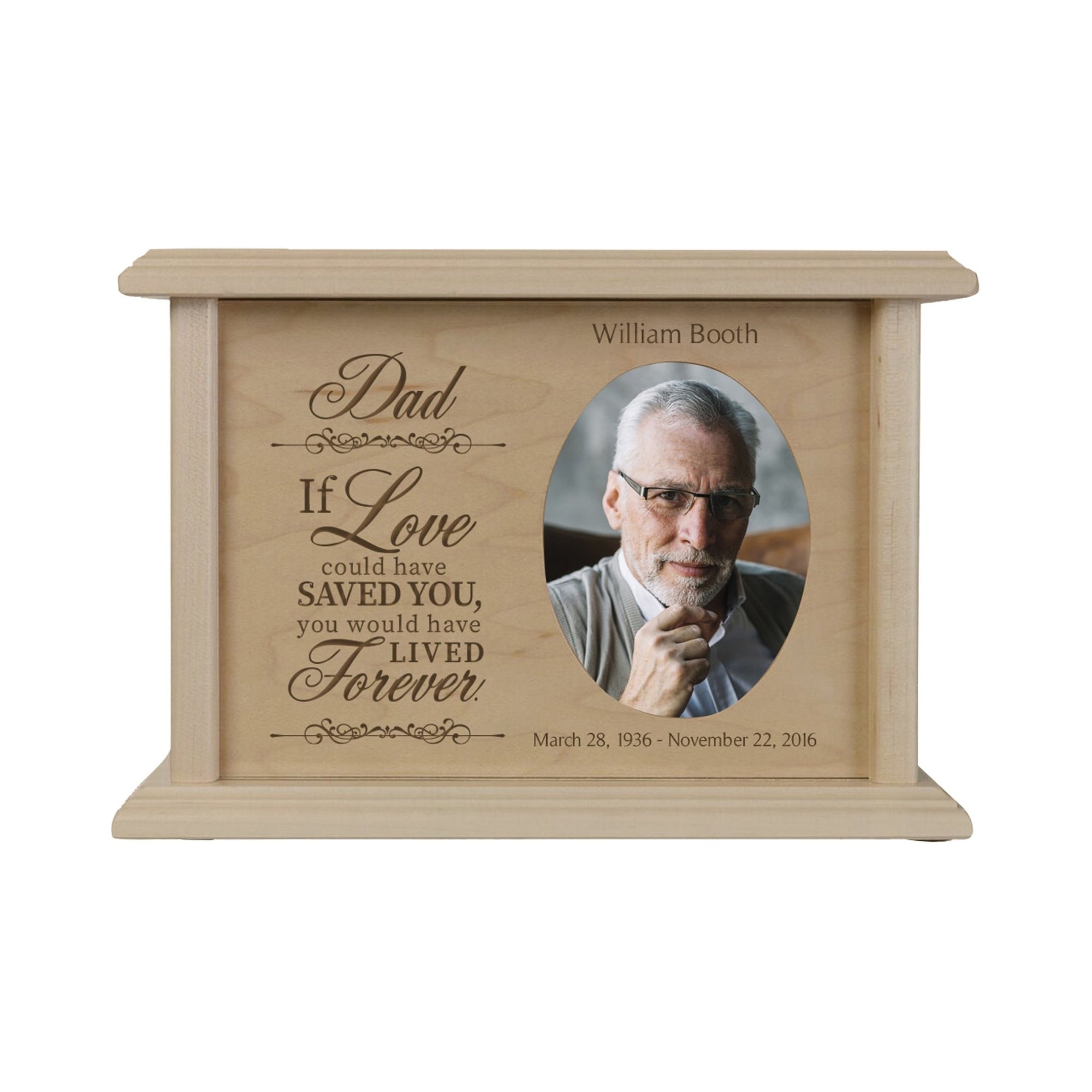 Custom Memorial Urn Box holds 2x3 photo and 65 cu in Dad, If Love Could - LifeSong Milestones