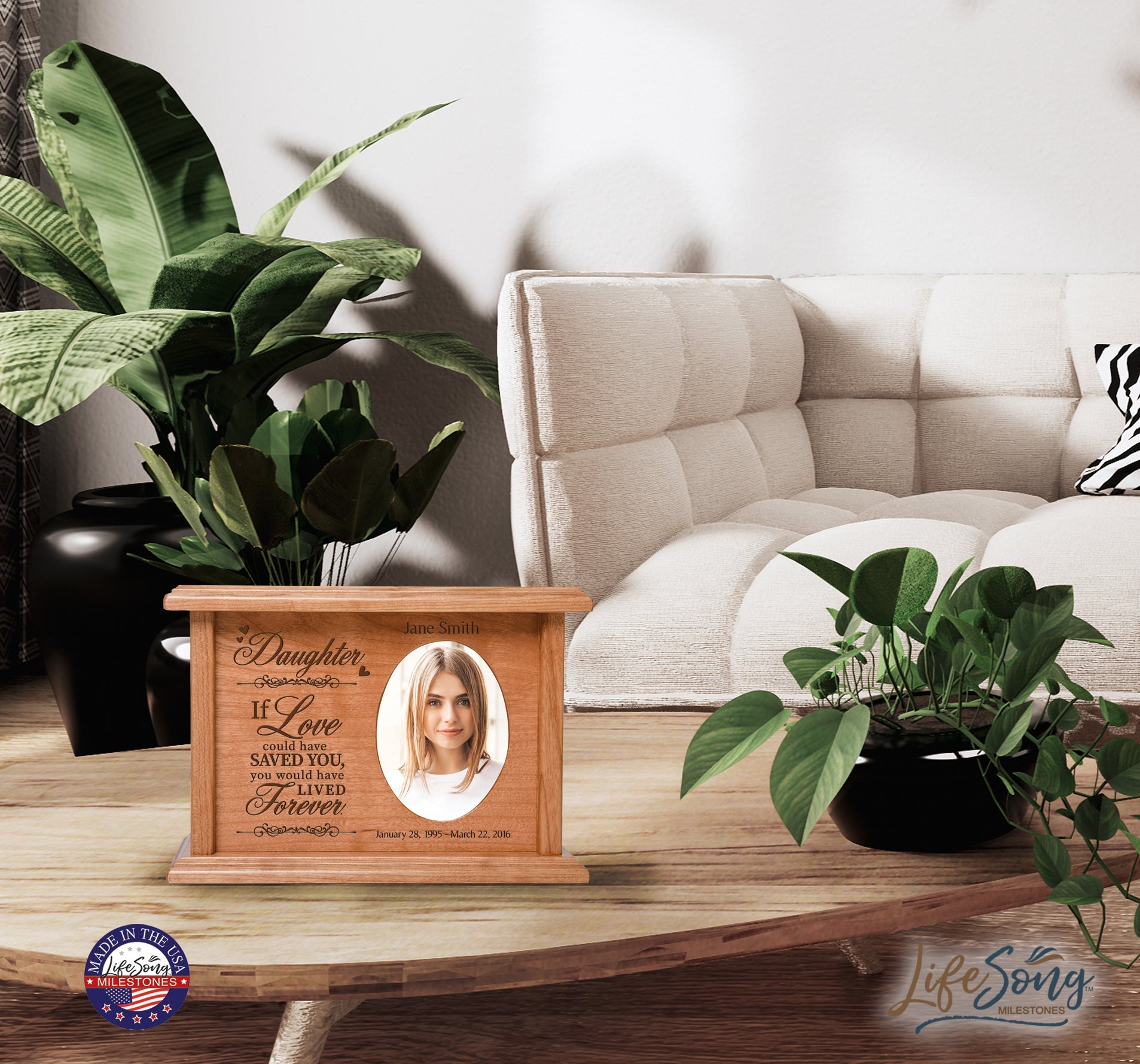 Custom Memorial Urn Box holds 2x3 photo and 65 cu in Daughter, If Love Could - LifeSong Milestones