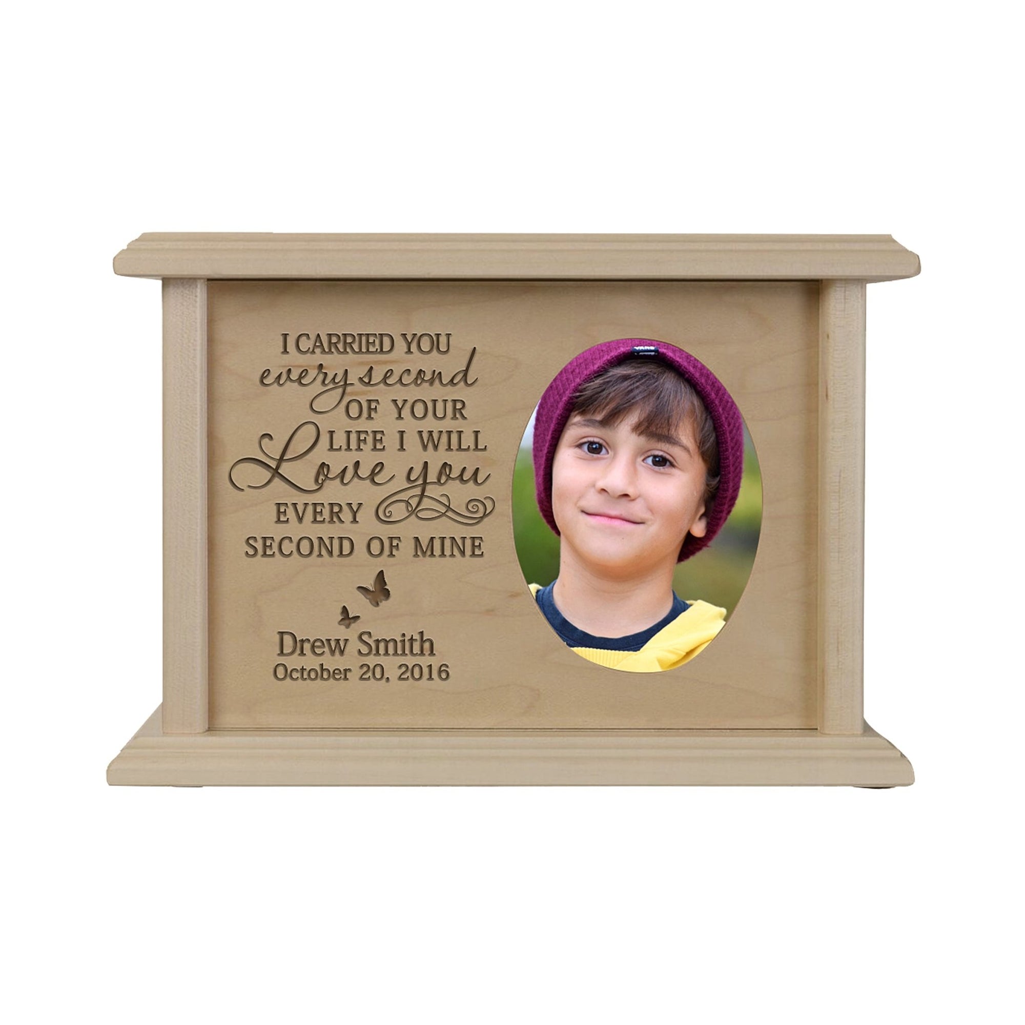 Custom Memorial Urn Box holds 2x3 photo and 65 cu in I Carried You (butterfly) - LifeSong Milestones