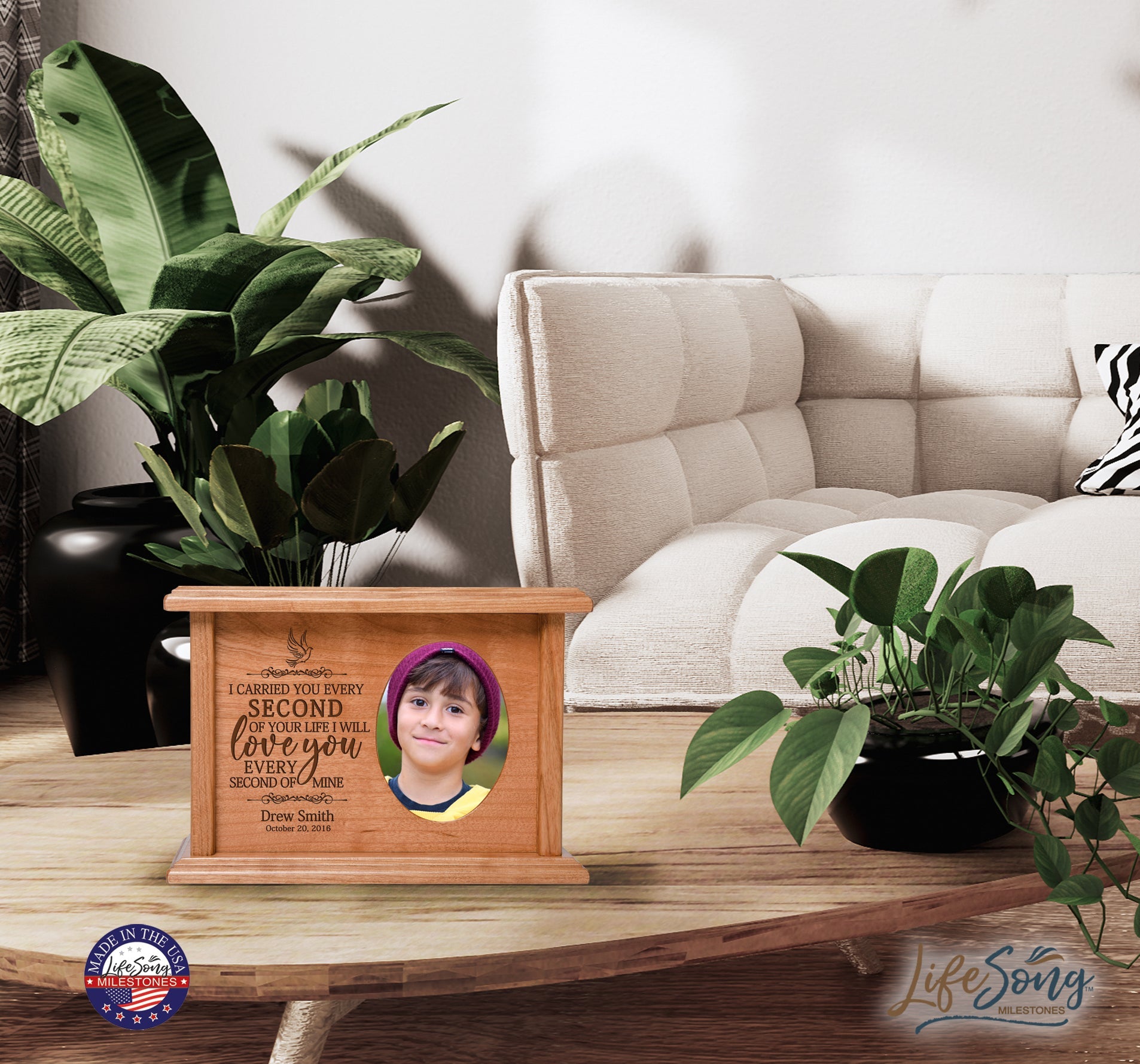 Custom Memorial Urn Box holds 2x3 photo and 65 cu in I Carried You (dove) - LifeSong Milestones