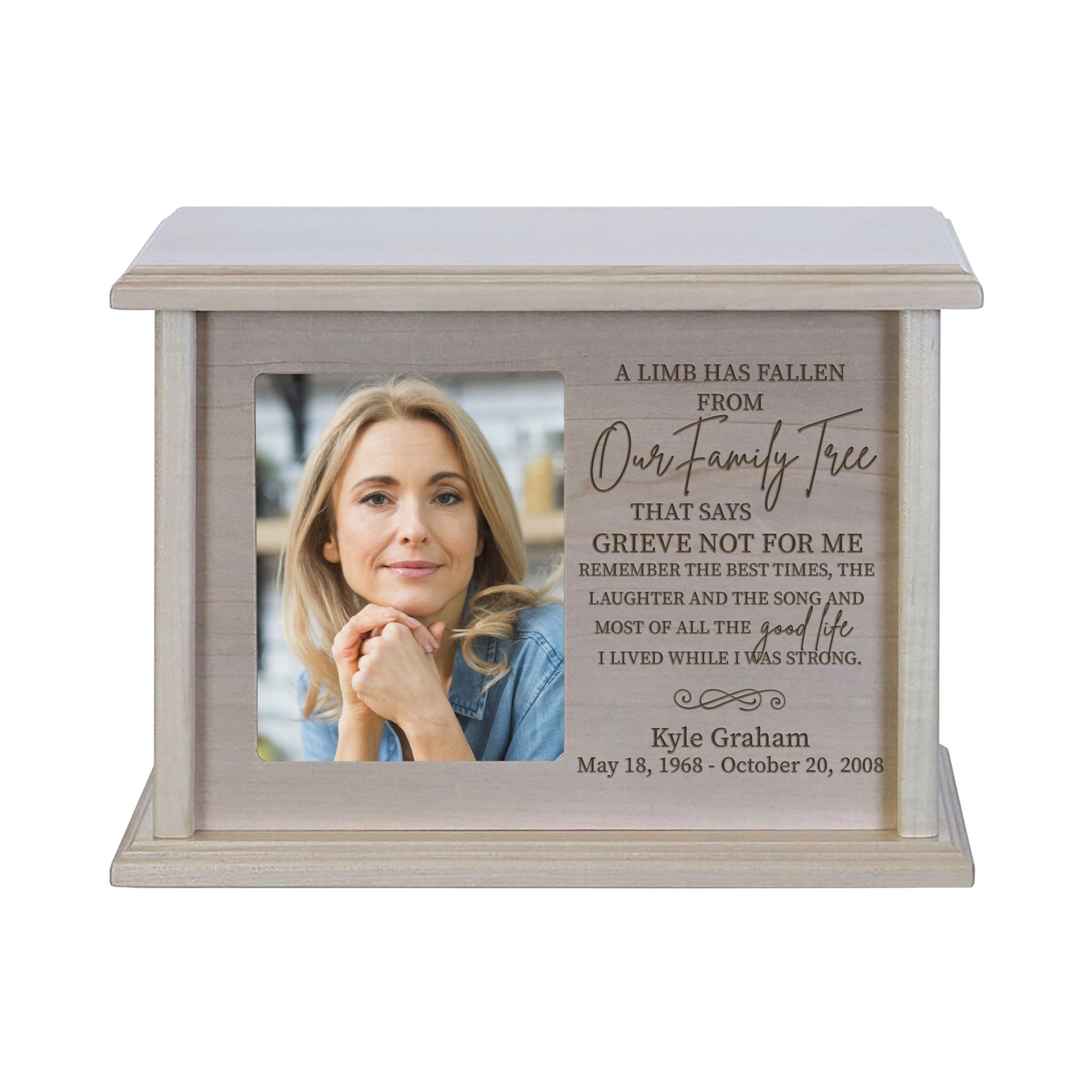 Custom Memorial Urn Box holds 4x5 photo and 260 cu in A Limb Has Fallen - LifeSong Milestones