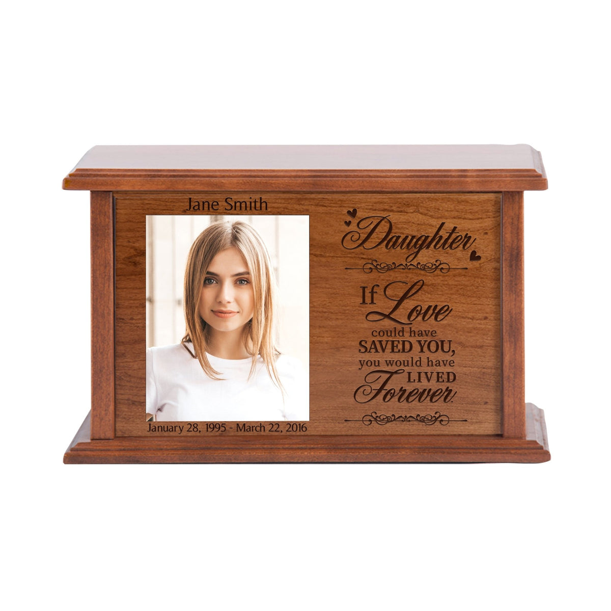 Handcrafted Wooden Memorial Photo Urn for Daughter