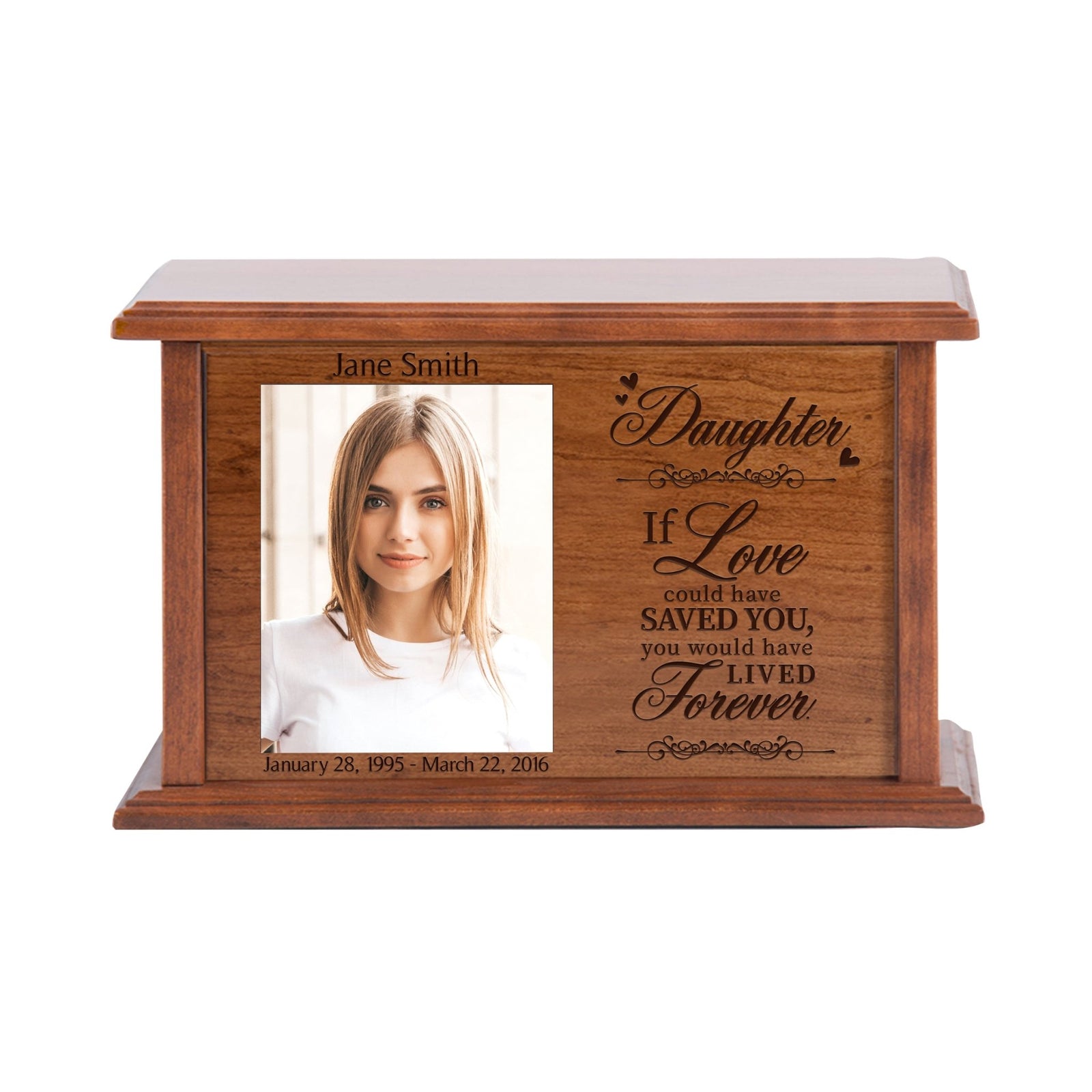 Handcrafted Wooden Memorial Photo Urn for Daughter