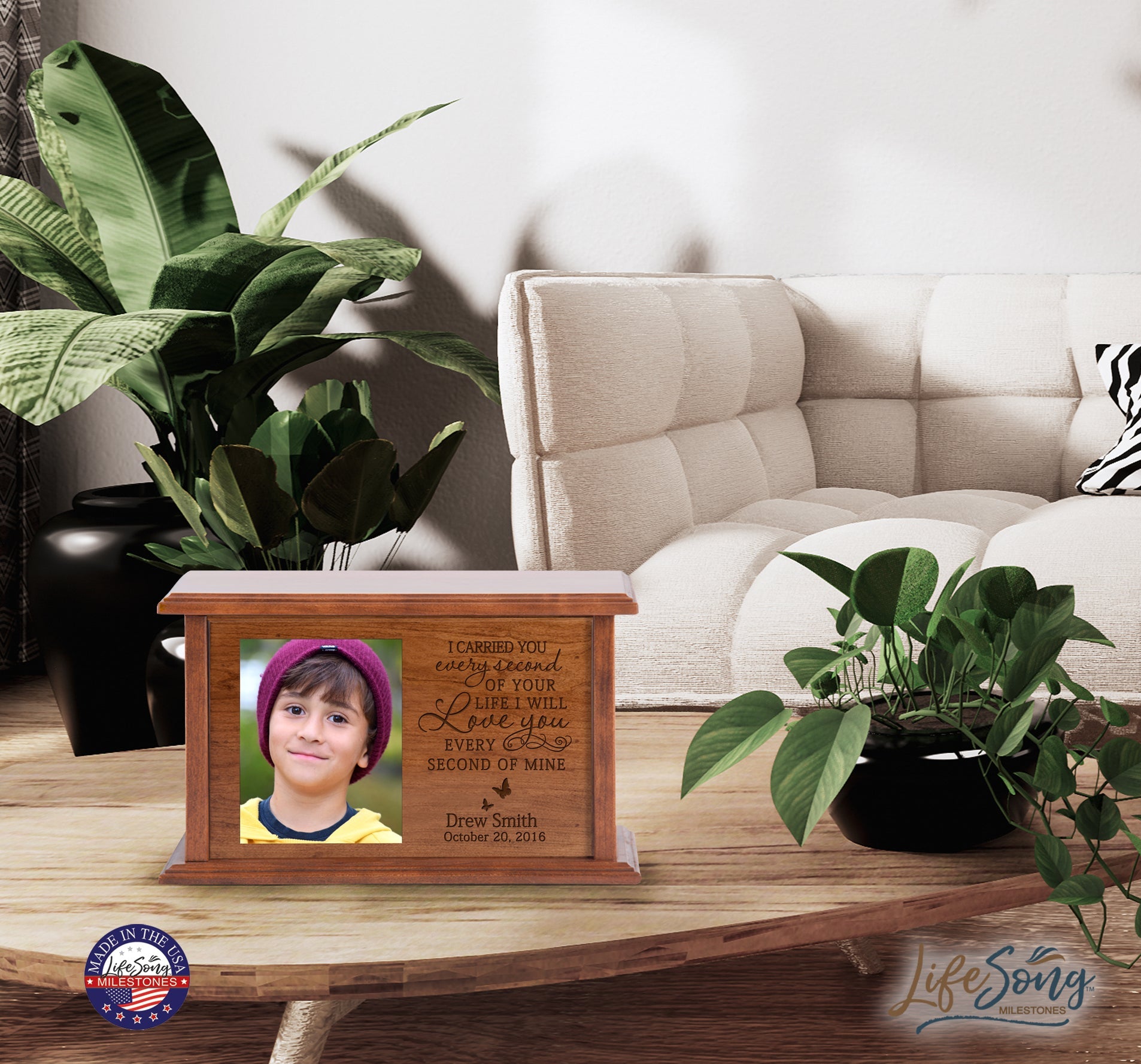 Custom Memorial Urn Box holds 4x5 photo and 260 cu in I Carried You (butterfly) - LifeSong Milestones